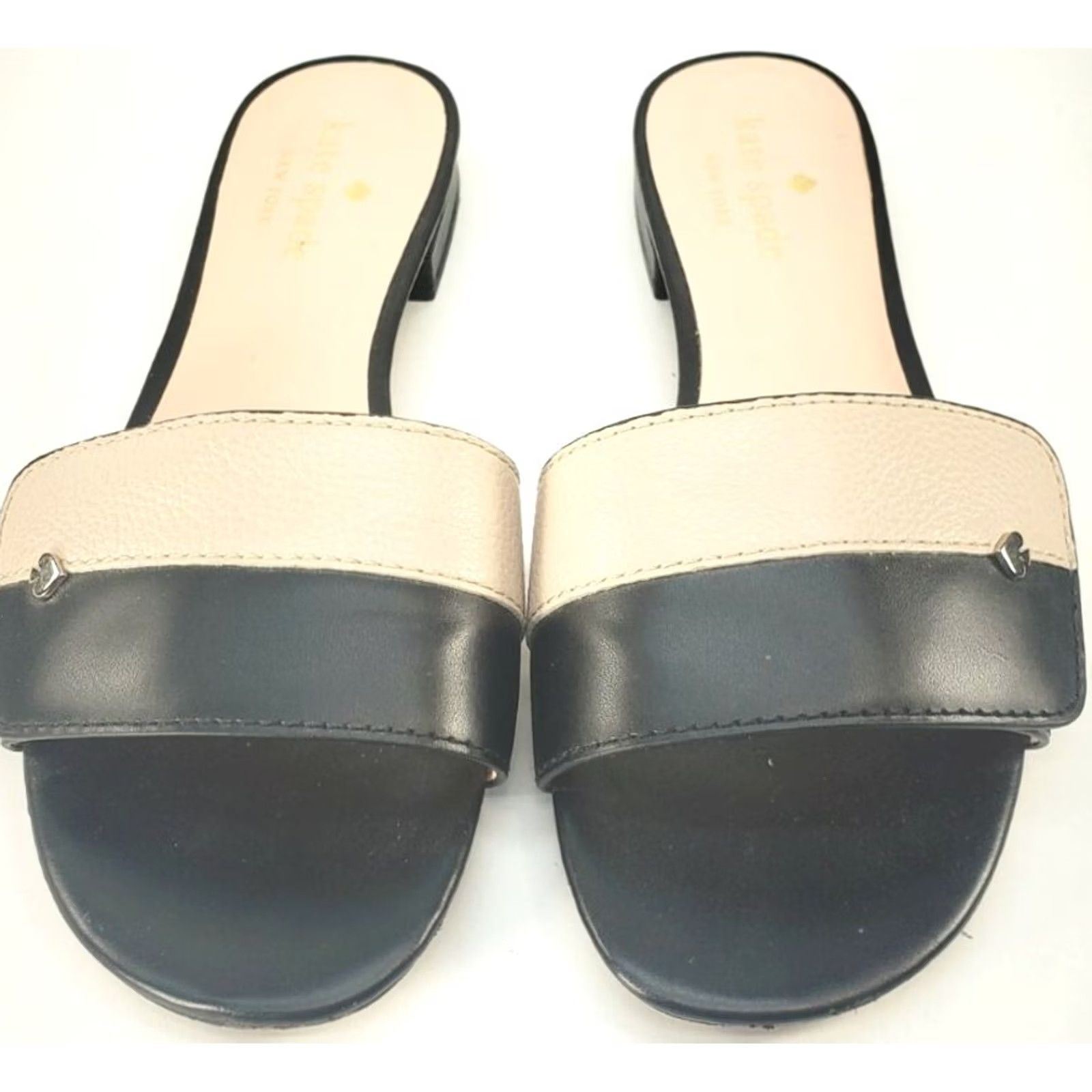 Vintage KATE SPADE 7.5B Slide Flat Sandals Pink Black Crossover Gold Ornaments Low Heel Womens Summer Dressy & Stylish Open Toe Leather Lined Slip On Casual Size US 8 / IT 38 - 3 Thumbnail
