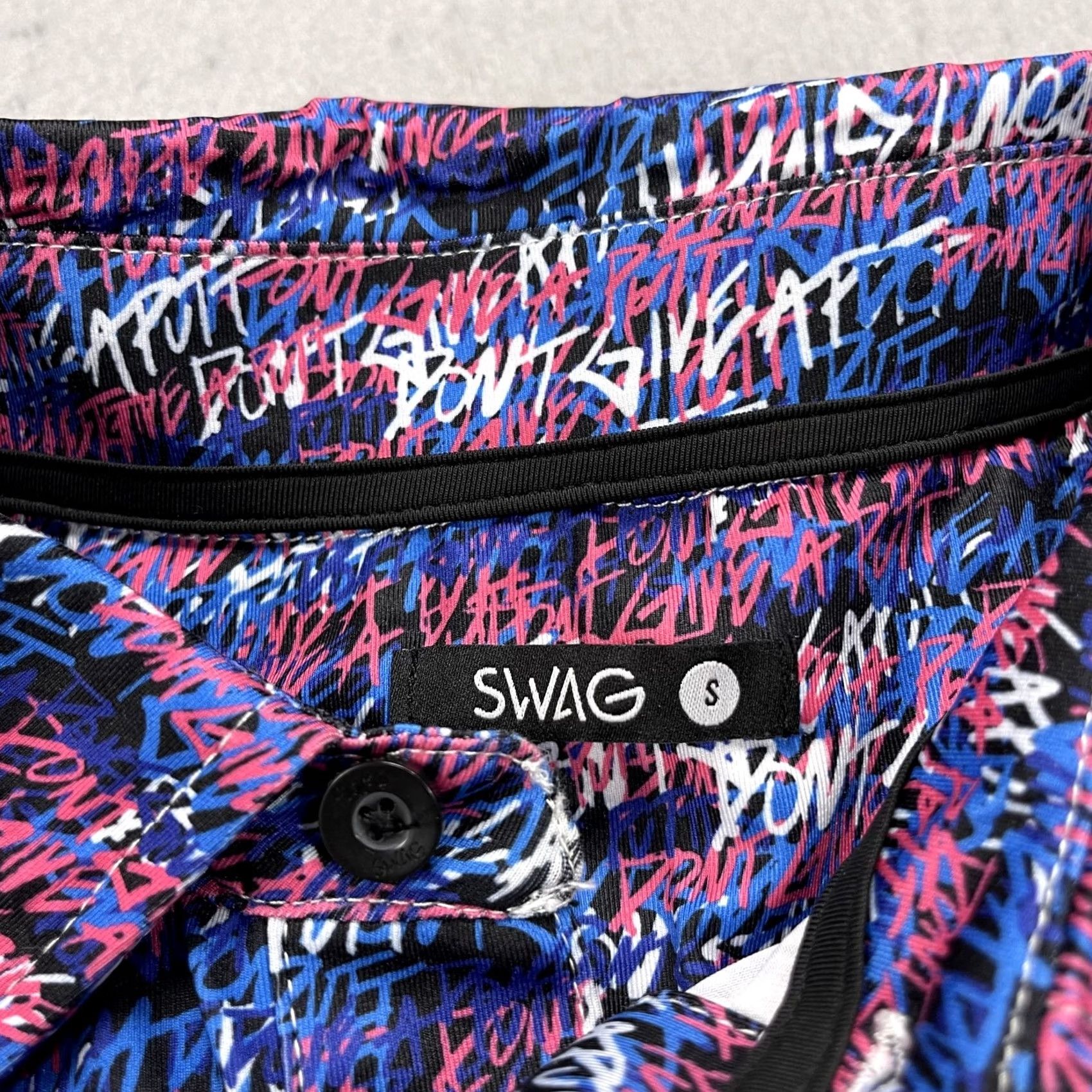 Vintage SWAG Polo Shirt Mens S Pink Golf Short Sleeve Collared Logo Skull Geometric Print Vibrant Abstract Tight Fit Summer Spring Blended Fabric Size US S / EU 44-46 / 1 - 4 Thumbnail