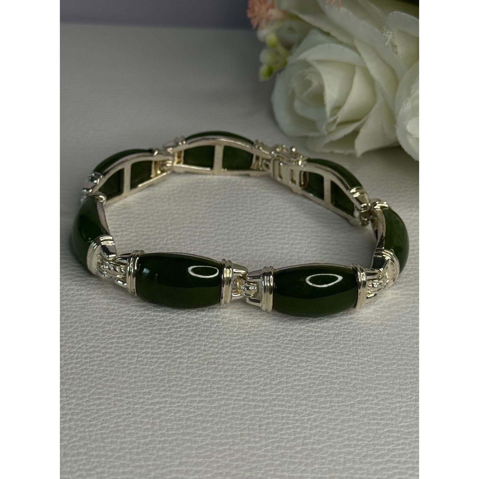 Jewelry 925 STERLING SILVER GREEN NEPHRITE BRACELET LENGTH 7.5 Size ONE SIZE - 5 Thumbnail