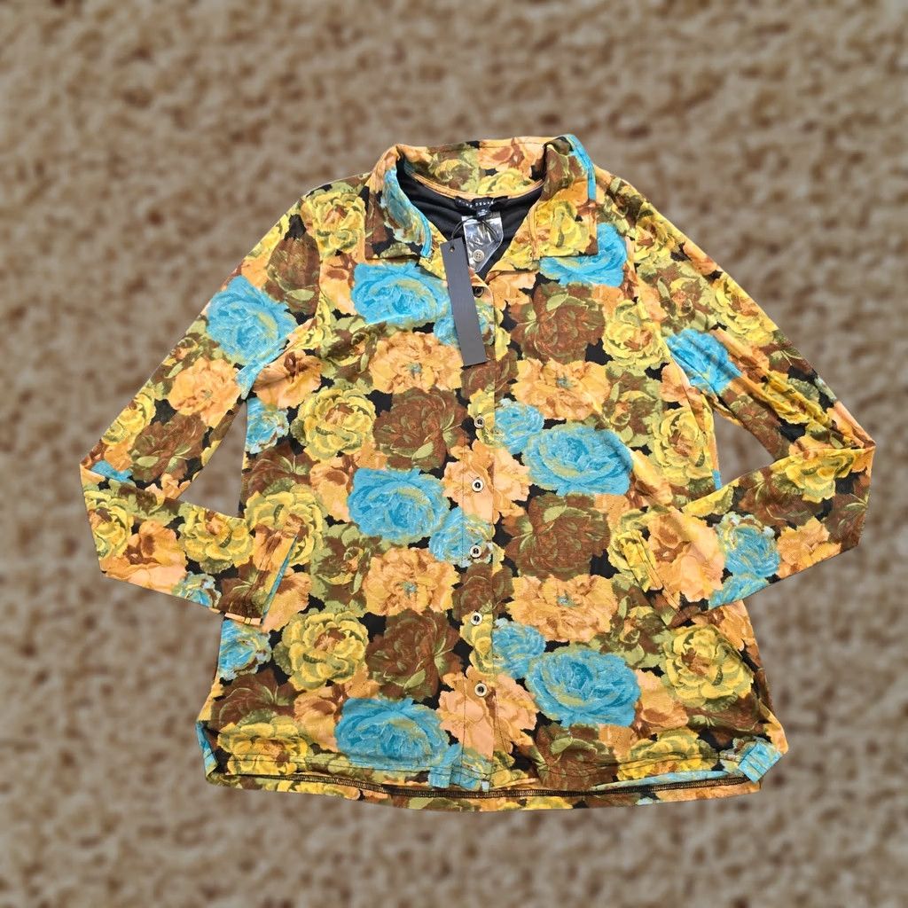 Vintage Jane Delancey Top Womens Size XL Yellow Blue Floral Sheer Stretch Button Casual Blouse Size XL / US 12-14 / IT 48-50 - 1 Thumbnail