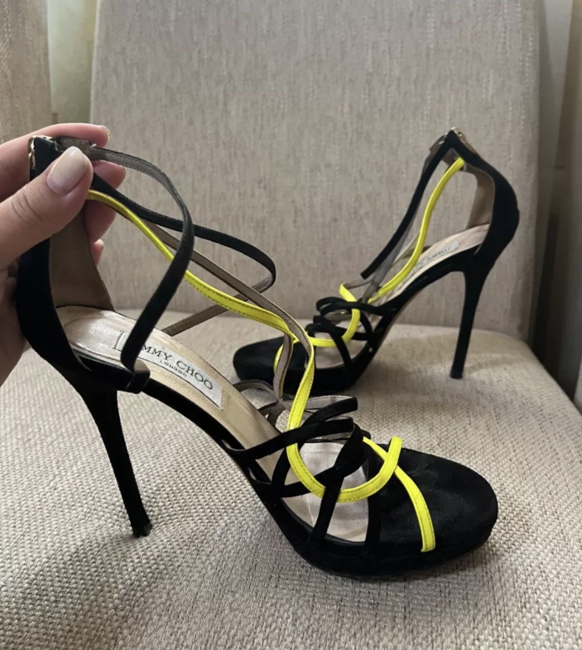 Jimmy Choo Jimmy Choo Strappy Heels Black Yellow Sandals Size US 7.5 / IT 37.5 - 2 Thumbnail
