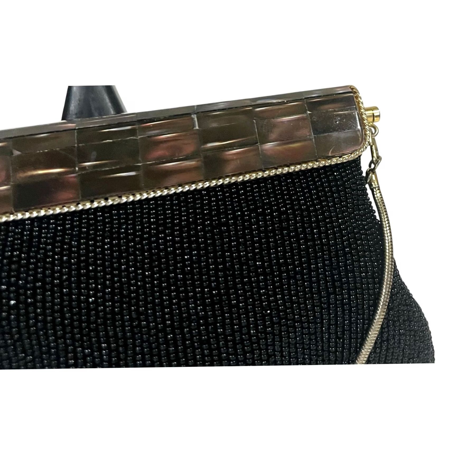 Vintage VINTAGE Black Beaded Evening Purse Clutch Handbag Amber Abalone Shell Clasp Women Size ONE SIZE - 3 Thumbnail