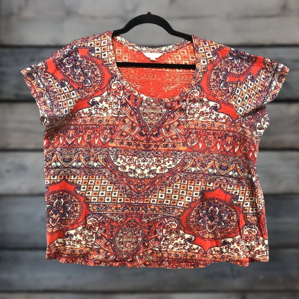 Lucky Brand VINTAGE Lucky Brand Boho Print T-Shirt Womens 1X Short Sleeve Cotton Red Bohemian Festival Beach Summer Retro Size XL / US 12-14 / IT 48-50 - 1 Thumbnail