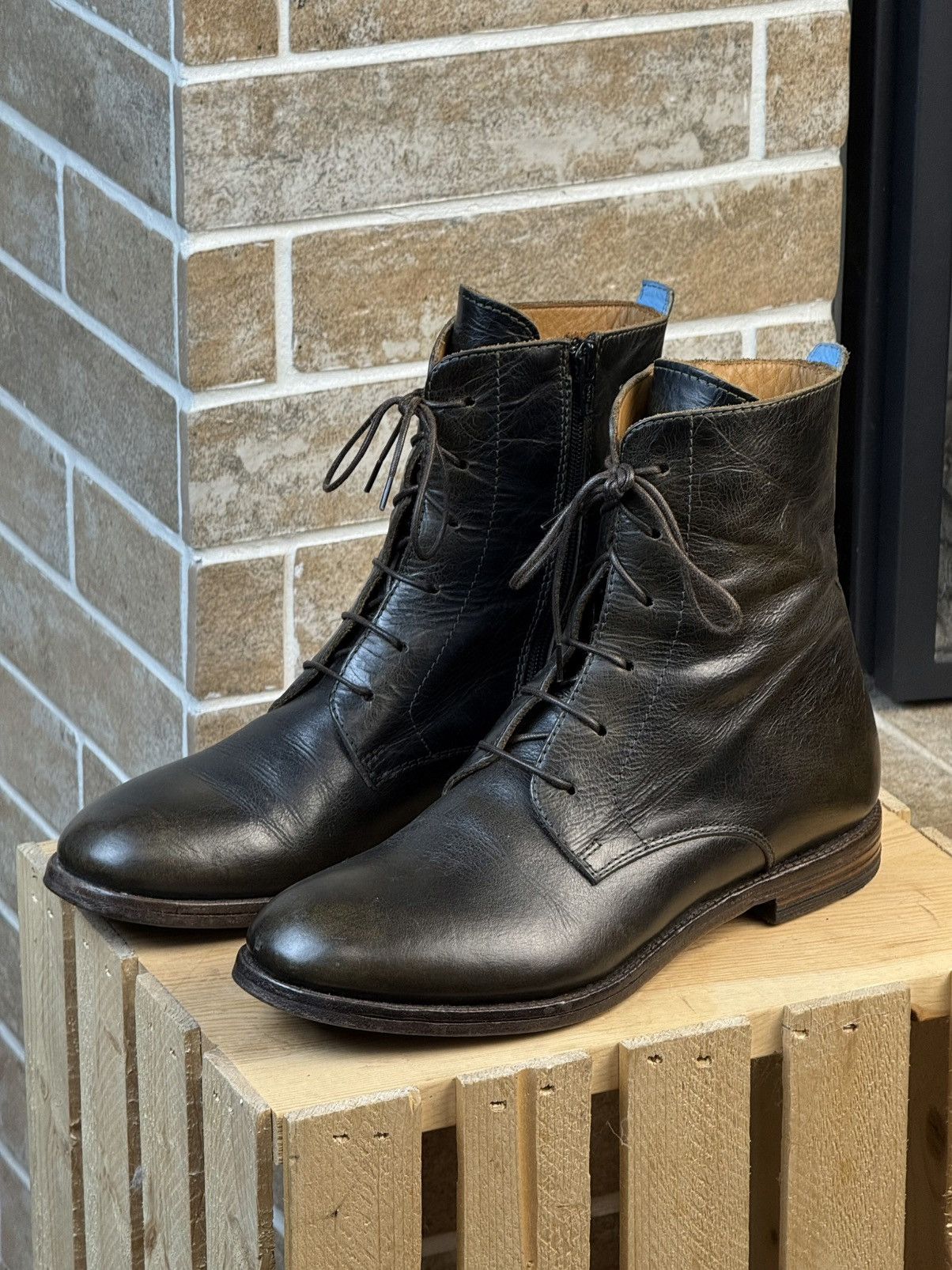 MoMA × Vintage Moma Dark Green Leather Laces Ankle Zip Boots Size US 8 / IT 38 - 4 Thumbnail