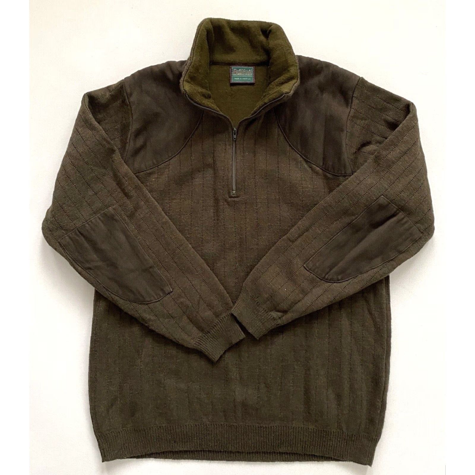 Vintage Quiltknit Men’s Wool Hunting Sweater 1/4 Zip Knit Forest Green M Pullover Patch Mock Neck UK Made in Wales Mens Size US M / EU 48-50 / 2 - 3 Thumbnail