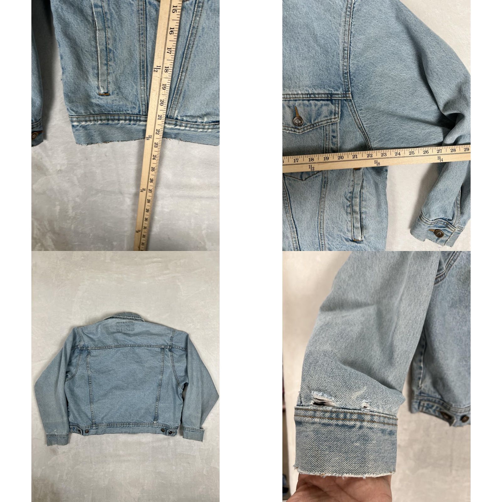Express VINTAGE Express Jeans Jacket Mens Large Blue Denim Distressed Raw Hem 90s Size US 33 - 8 Thumbnail