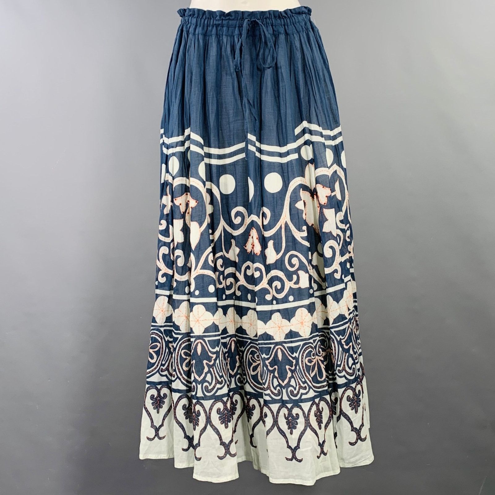 Polo Ralph Lauren Size 4 Blue White Cotton Abstract Floral Beaded Midi Skirt Size 27" / US 4 / IT 40 - 1 Thumbnail