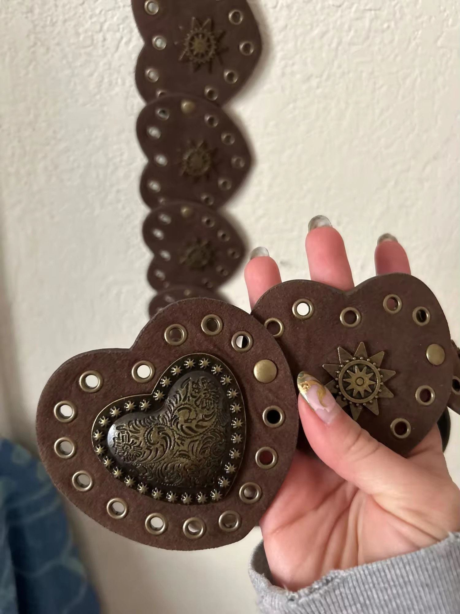 Leather Bohemian Style Brown Pinned Heart PU Leather Belts Size ONE SIZE - 9 Thumbnail