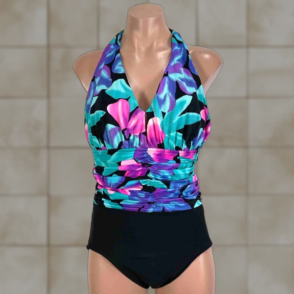 VINTAGE 80s Floral One Piece Bathing Suit 12 Underwire Halter