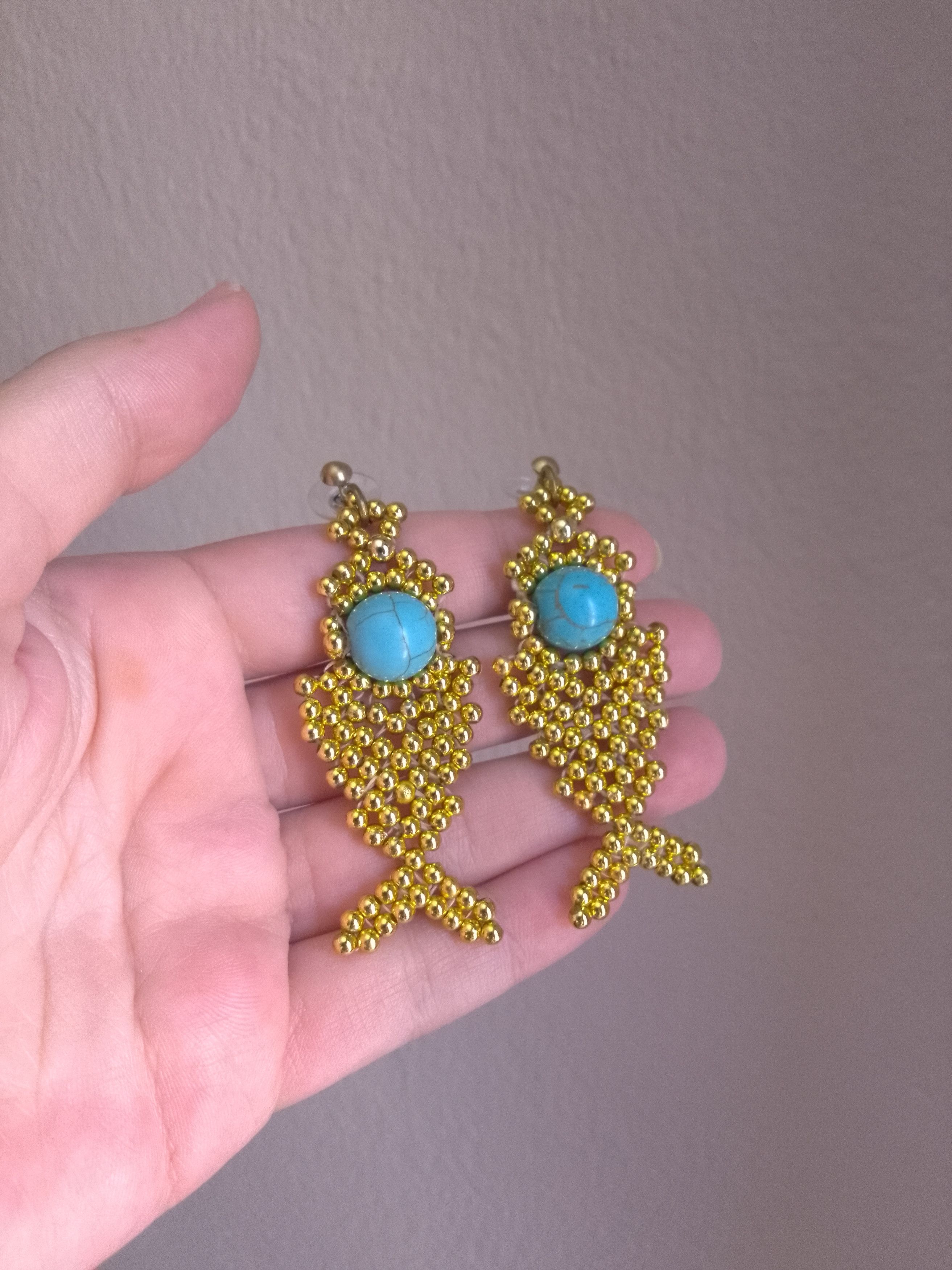 Handmade Golden Fishbone earrings natural turquoise gemstones Size ONE SIZE - 6 Thumbnail