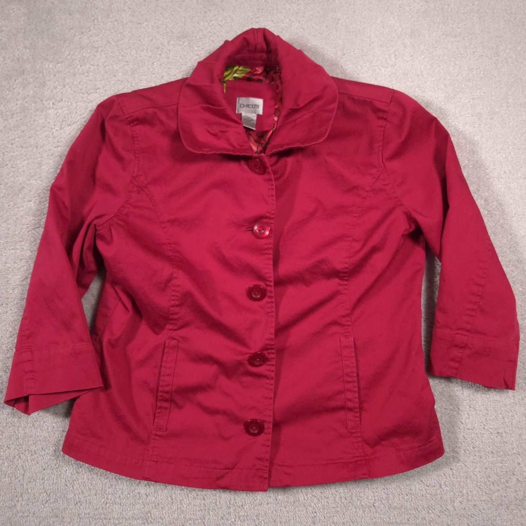 Vintage Chico's Jacket Womens 1 Red Twill 3/4 Sleeve Button Front Lined Collar Pockets Size XS / US 0-2 / IT 36-38 - 2 Thumbnail