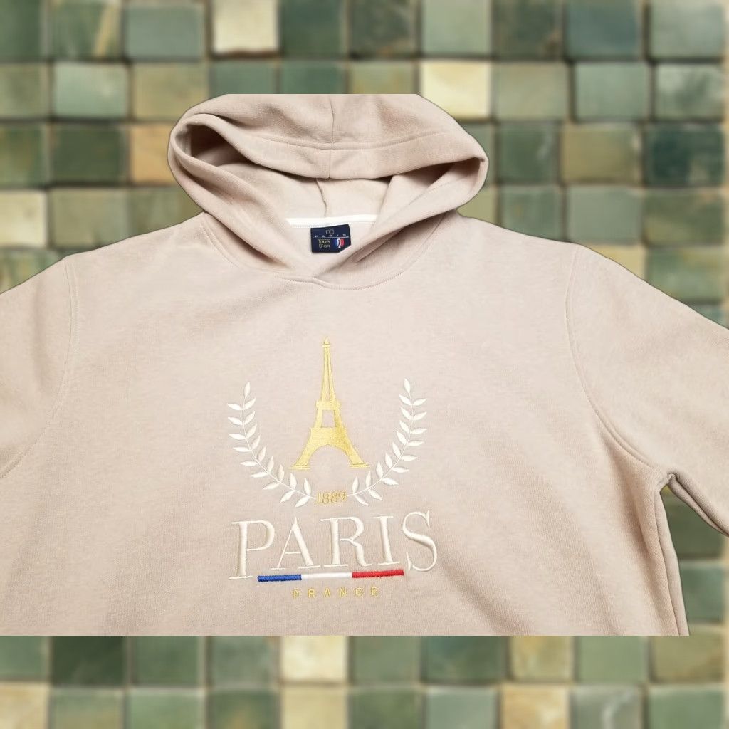 Vintage Paris Tour D' OR Hoodie Mens Large Beige Hooded Pullover Sweatshirt Cotton Blend Embroidered Logo 90s Style Size US L / EU 52-54 / 3 - 1 Thumbnail
