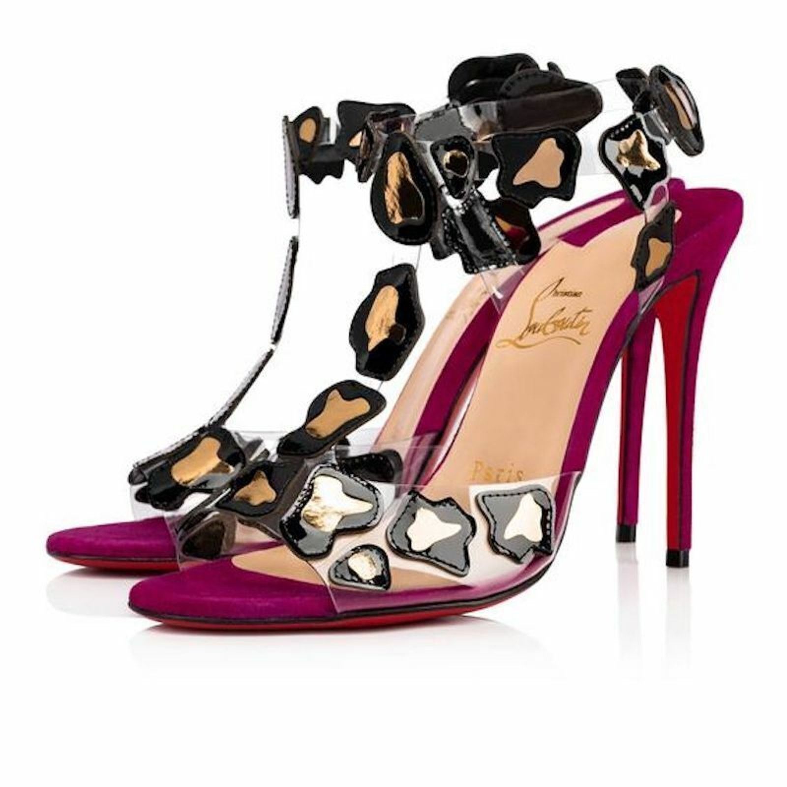 Christian Louboutin Parsemis 100 Black Gold PVC Patent Suede Sandal Heel Pump 36 Size US 6 / IT 36 - 1 Thumbnail