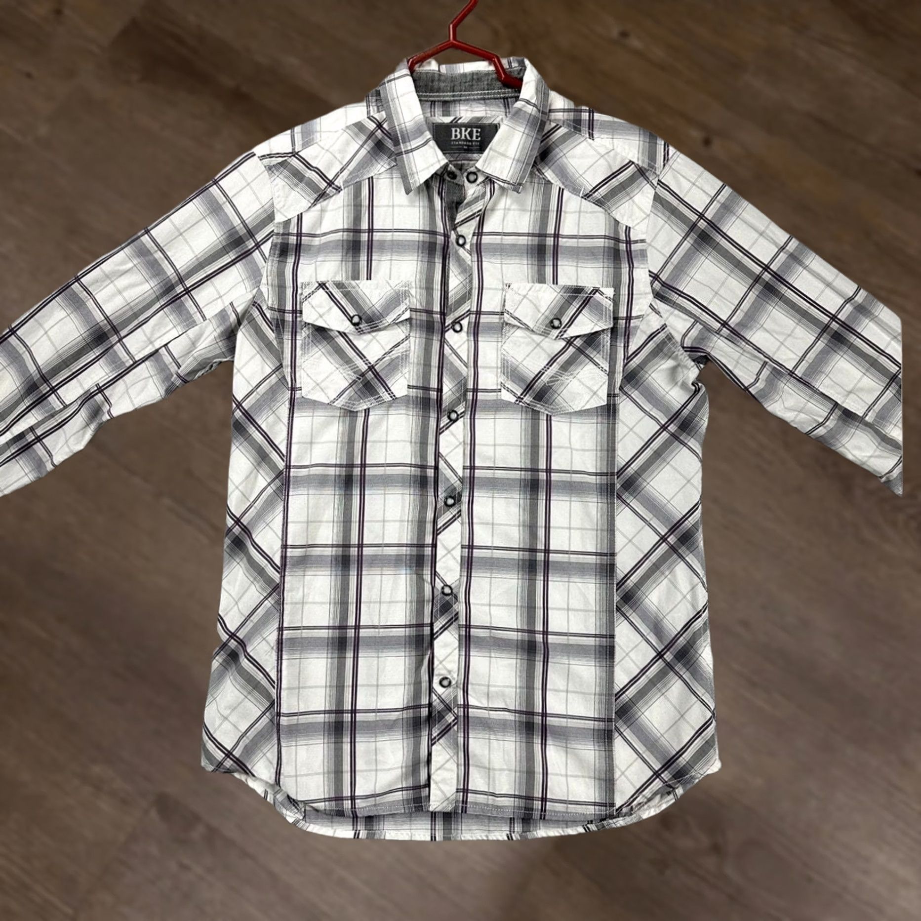 BKE BKE Shirt Mens Medium White Grey Plaid Cowboy Pearl Snap Standard Fit Size US M / EU 48-50 / 2 - 1 Thumbnail