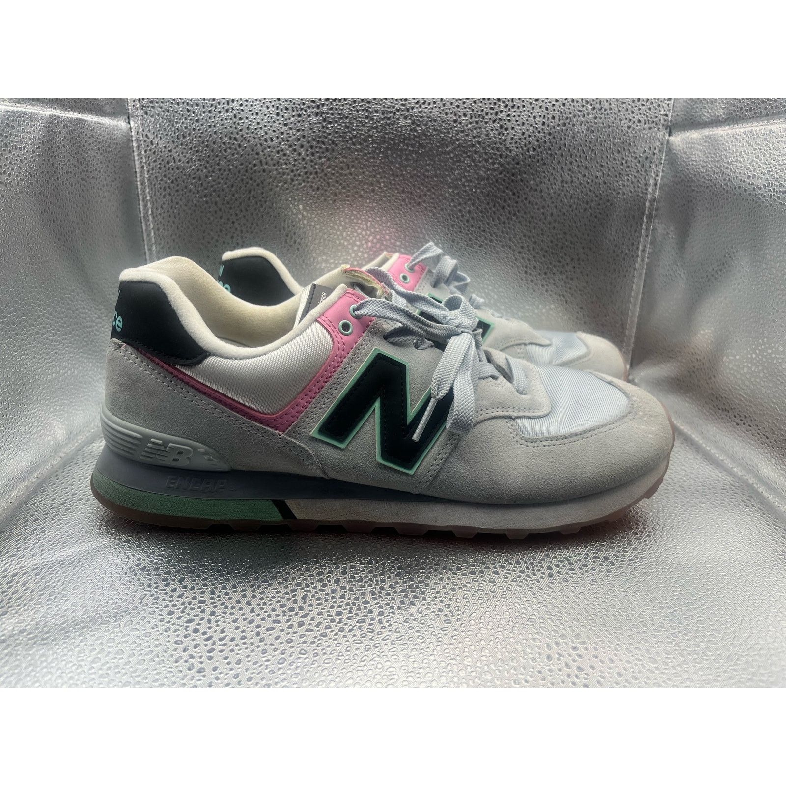 Womens New Balance 574 SAT Silver Green Pink Sneakers 11