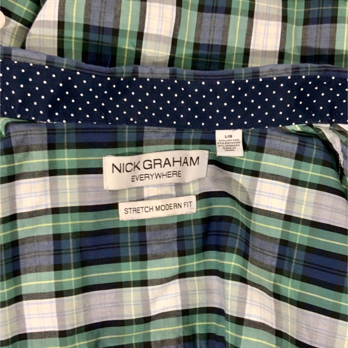 Designer Nick Graham Mens Green Blue Plaid Stretch Modern Fit Button Size US L / EU 52-54 / 3 - 4 Thumbnail