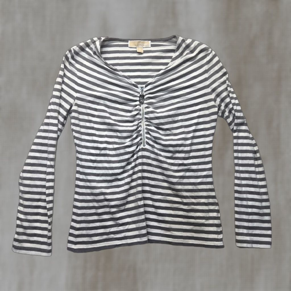 Michael Kors Michael Kors Women's Blouse Shirt 3/4 Sleeve Gray White Stripes Zip Neck All Seasons M Size M / US 6-8 / IT 42-44 - 1 Thumbnail