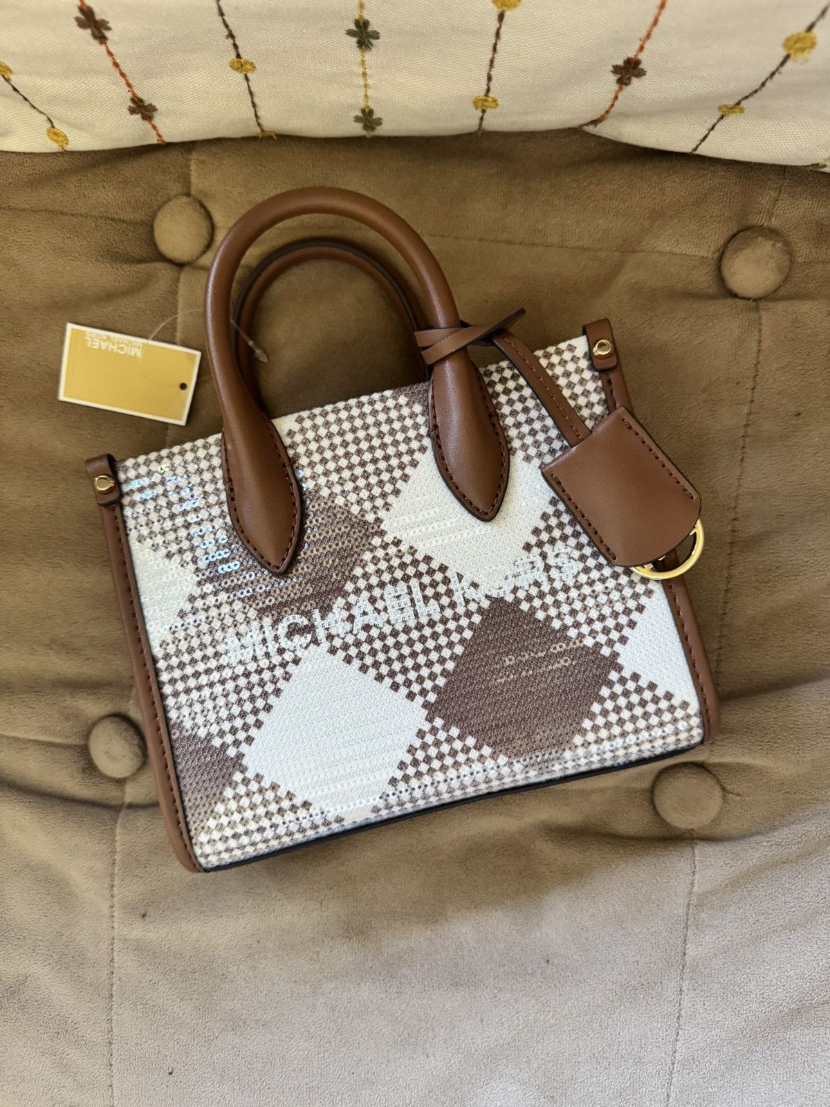 Michael Kors Michael Kors Brown & White Checkered Sequins/Leather Tote Size ONE SIZE - 1 Thumbnail