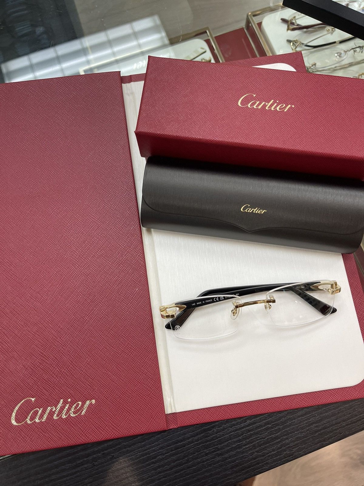 Cartier Black Acetate Glasses Gold Rimless C Decor White