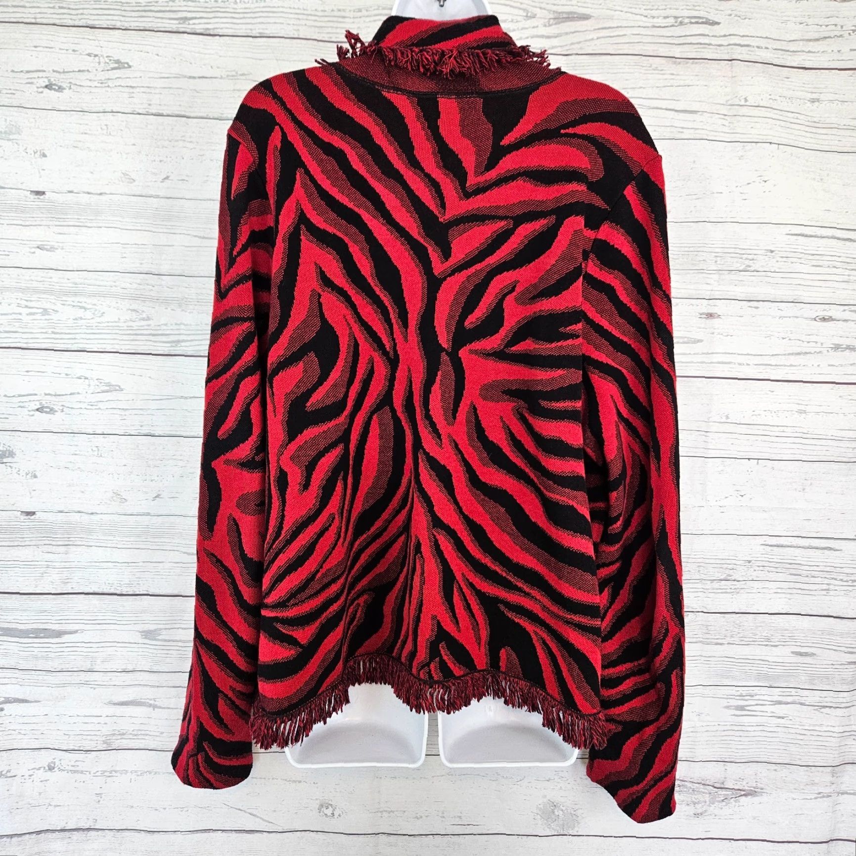 Vintage Chico's Womens Cardigan XL Red Black Animal Print Fringe Cotton Long Sleeve Sweater Size XL / US 12-14 / IT 48-50 - 3 Thumbnail
