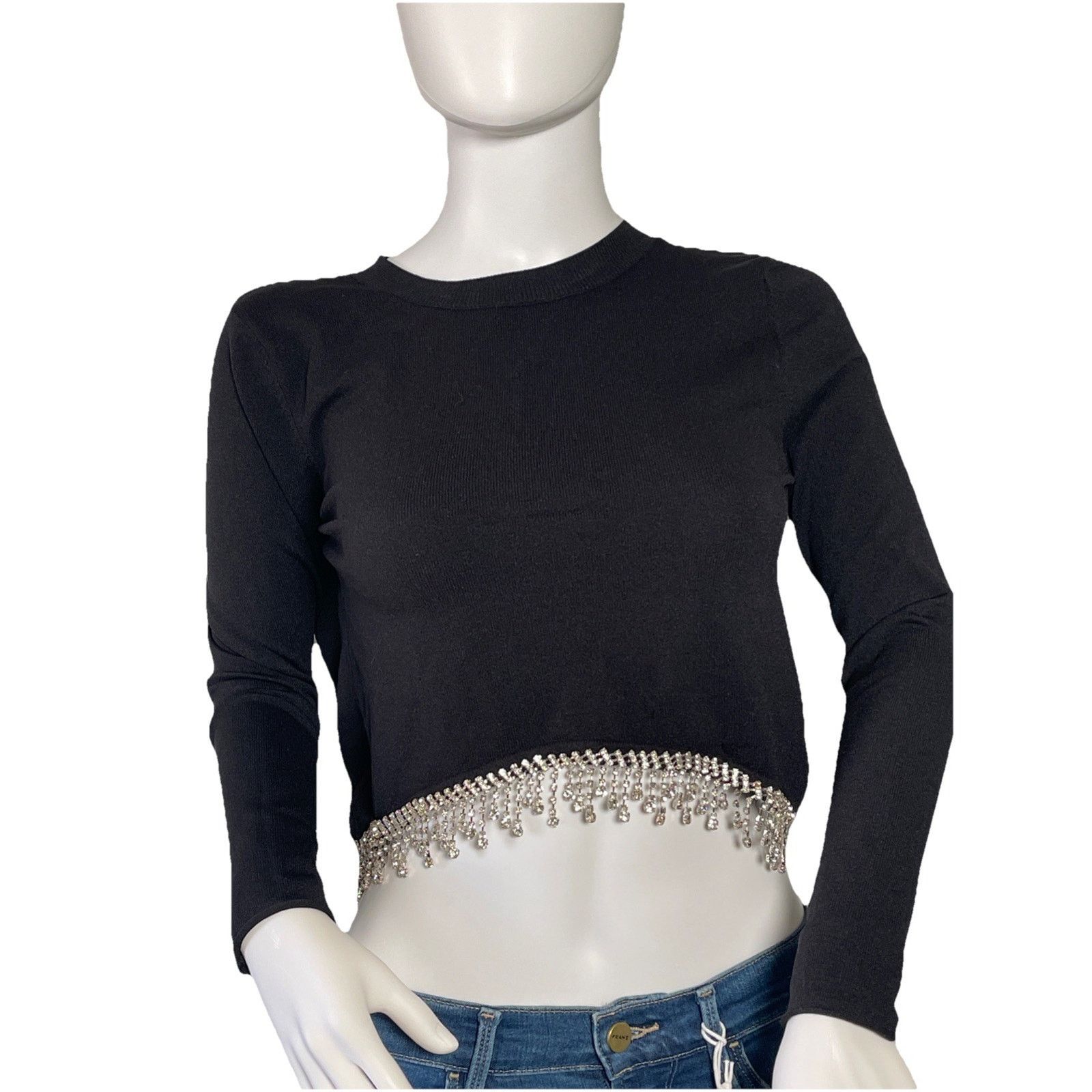 Forever 21 Forever 21 Long Sleeve Crystal Fringe Open Back Crop Black S Size S / US 4 / IT 40 - 1 Thumbnail