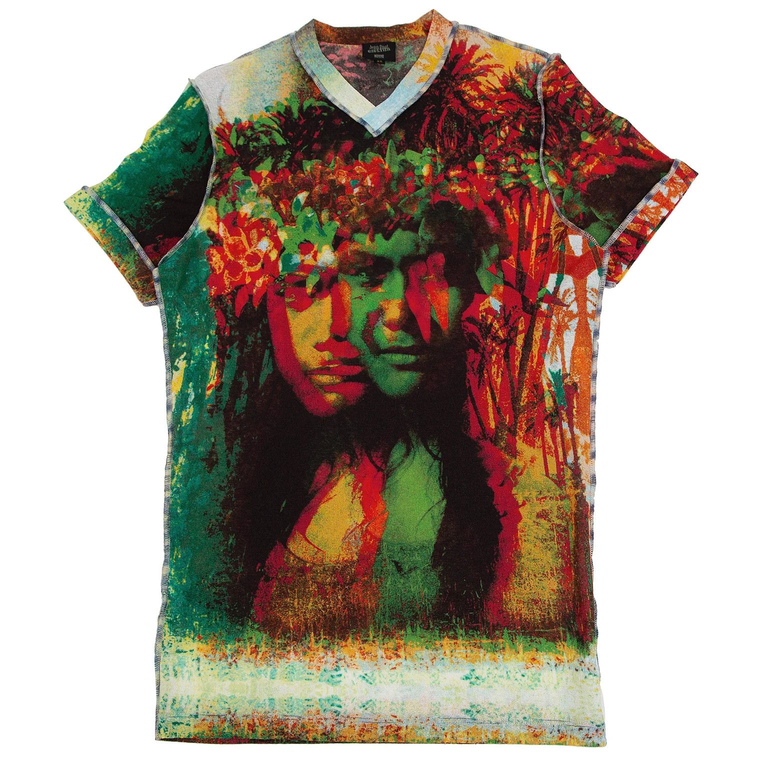Jean Paul Gaultier Tropical Print V-Neck Power Net T-Shirt in Red Size US M / EU 48-50 / 2 - 1 Thumbnail