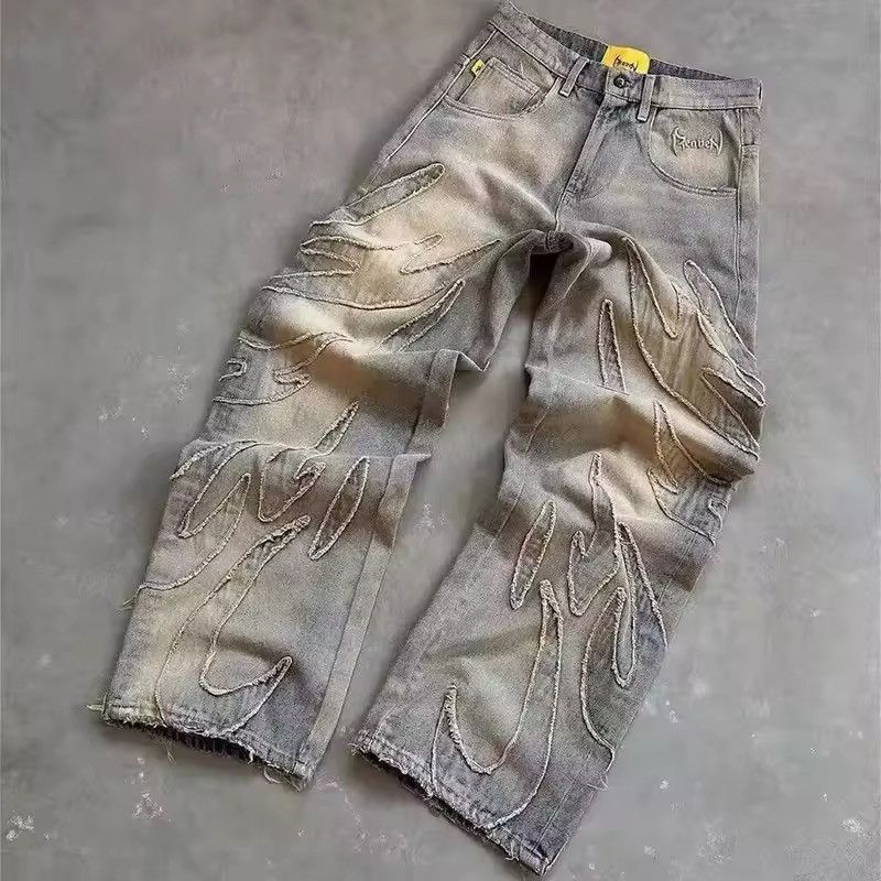 Jean Flame Embroidery Baggy Stacked Jeans Pants Size US 29 - 1 Thumbnail