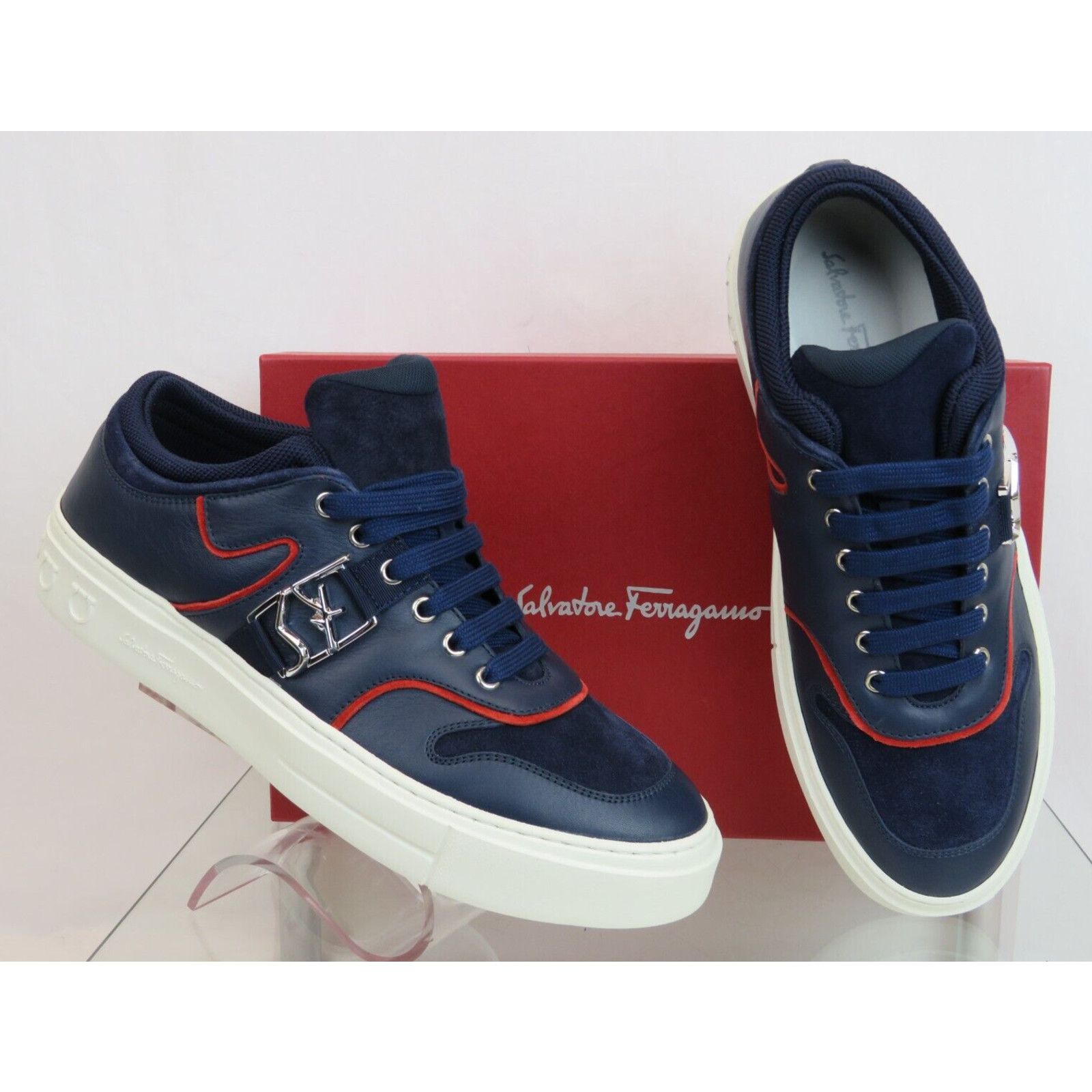 NORIS NAVY LEATHER RED SUEDE SF LOGO WHITE SNEAKERS 10 M