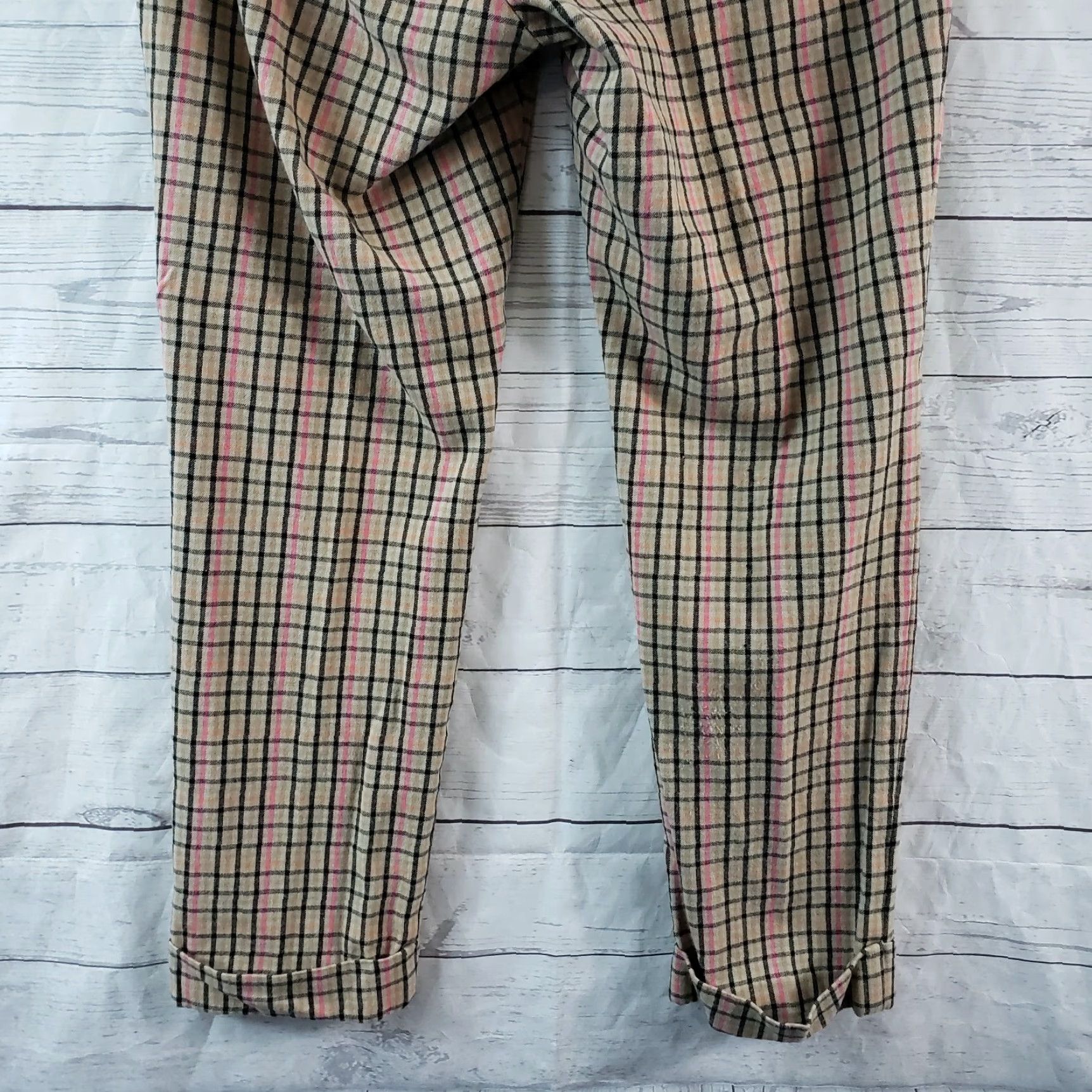 J. Jill J. Jill Womens Cropped Pull On Pants Sz 8 Tan Pink Plaid Multicolor Cuffed Cropped Knit Cotton Blend Womens Size 30" / US 8 / IT 44 - 5 Thumbnail