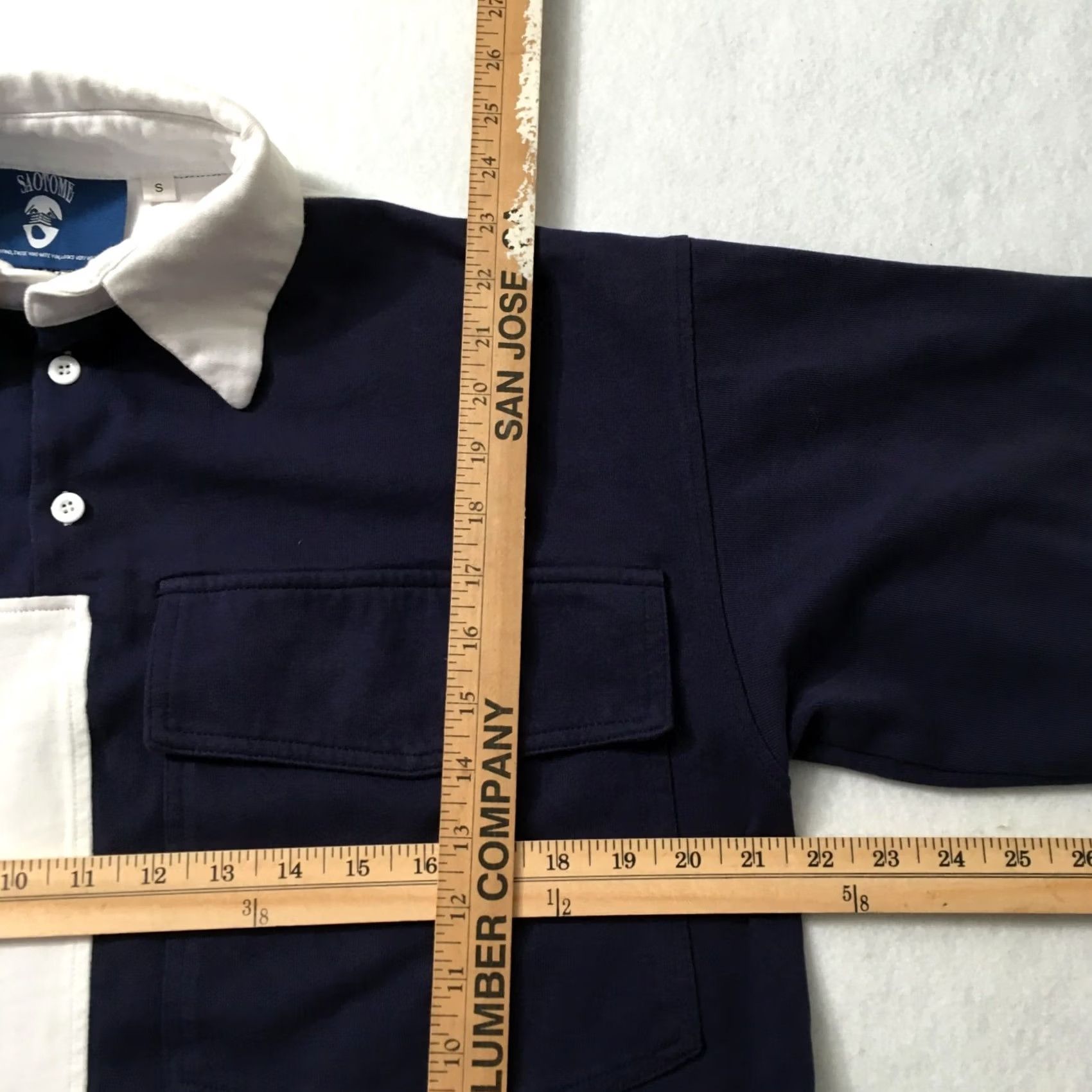 Vintage SAOTOME Rugby Polo Shirt - Navy Blue White BLOCK - Sz SMALL - Cotton Pocket Logo - Button-Closed Collared Shirt - Men’s Rugby Polo Size US S / EU 44-46 / 1 - 5 Thumbnail