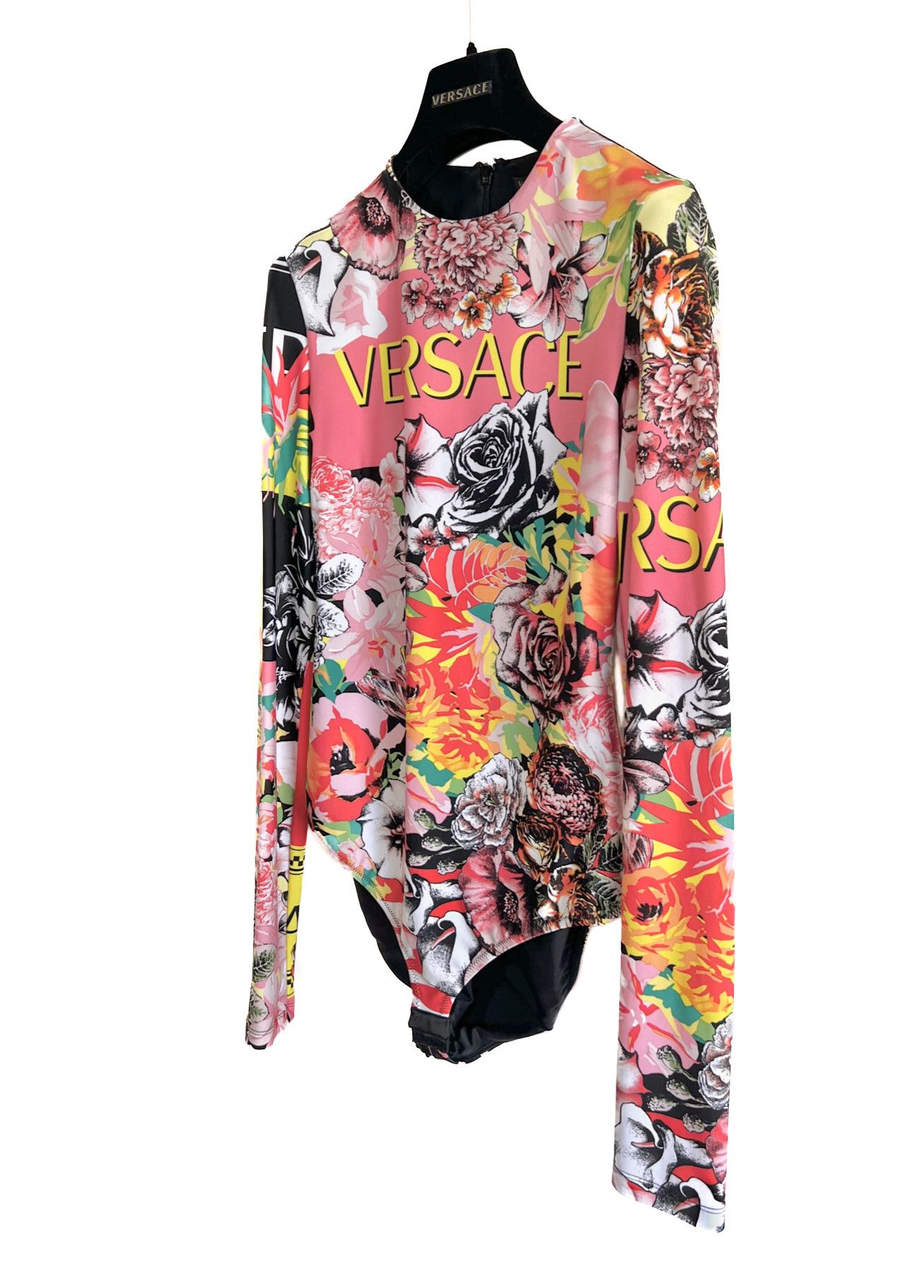 Versace Versace Pink Floral Print Logo Long Sleeve Bodysuit Size XXS / US 00 / IT 34 - 2 Thumbnail