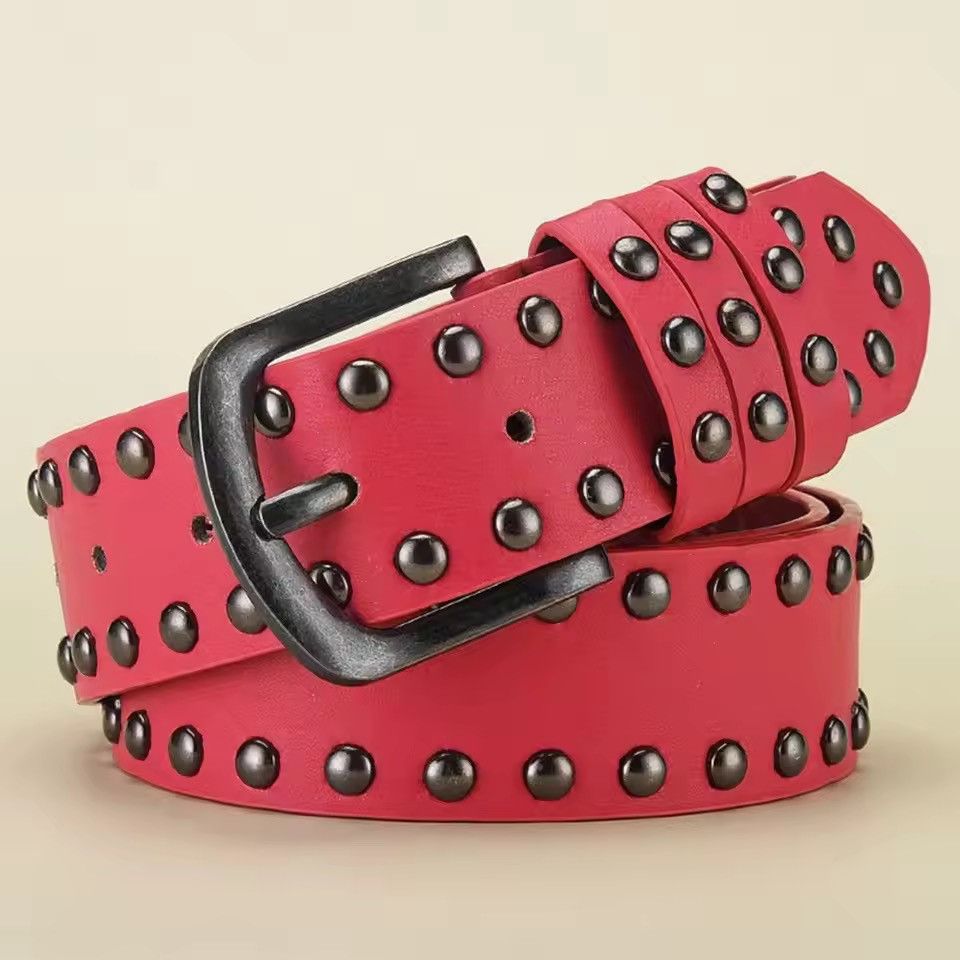 Japanese Brand Punk Double-Row Studded PU Leather Belt - Black Y2K Grunge Size 32 - 1 Thumbnail