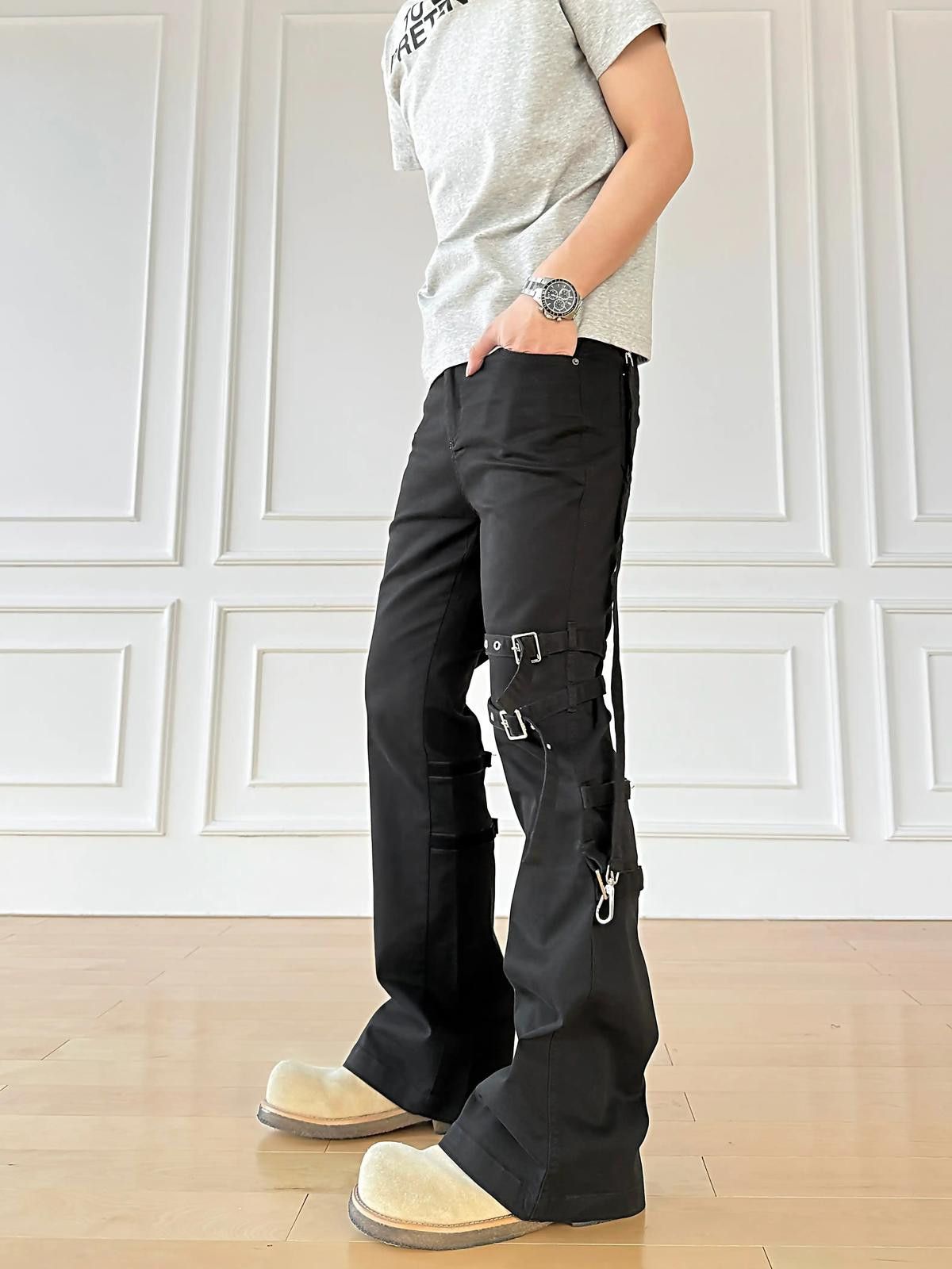 Other Black Flared Stacked Pants with Straps Size US 32 / EU 48 - 2 Thumbnail