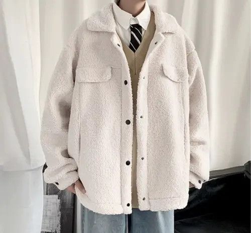 image of New Cool Fleece Sherpa Shirt Jacket Sweatshirt in White, Men's (Size Large)