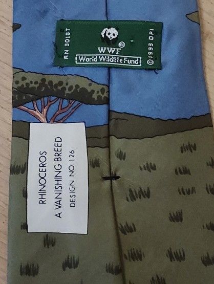 WWF Vintage World Wildlife Fund (WWF) Rhino Men's Silk Necktie Size ONE SIZE - 3 Thumbnail