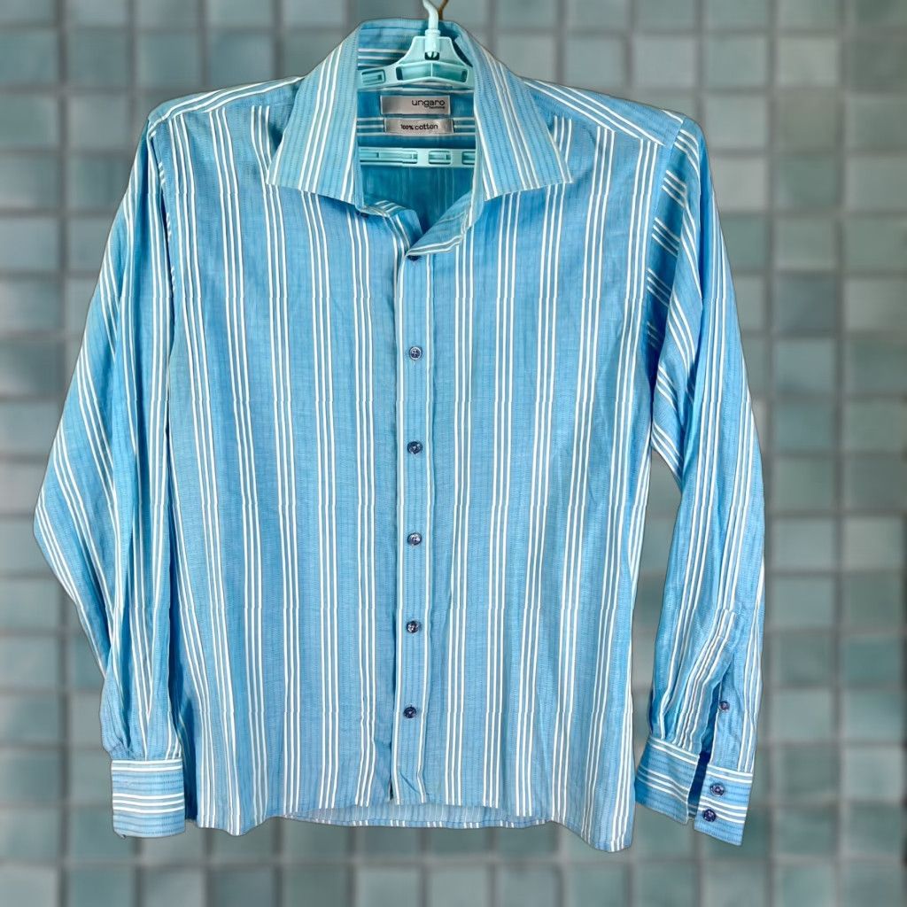 Emanuel Ungaro VINTAGE Emmanuel Ungaro Homme Button-Up Shirt Mens L Blue Striped Cotton 44 Chest Long Sleeve 29 Length Mens Size US L / EU 52-54 / 3 - 1 Thumbnail