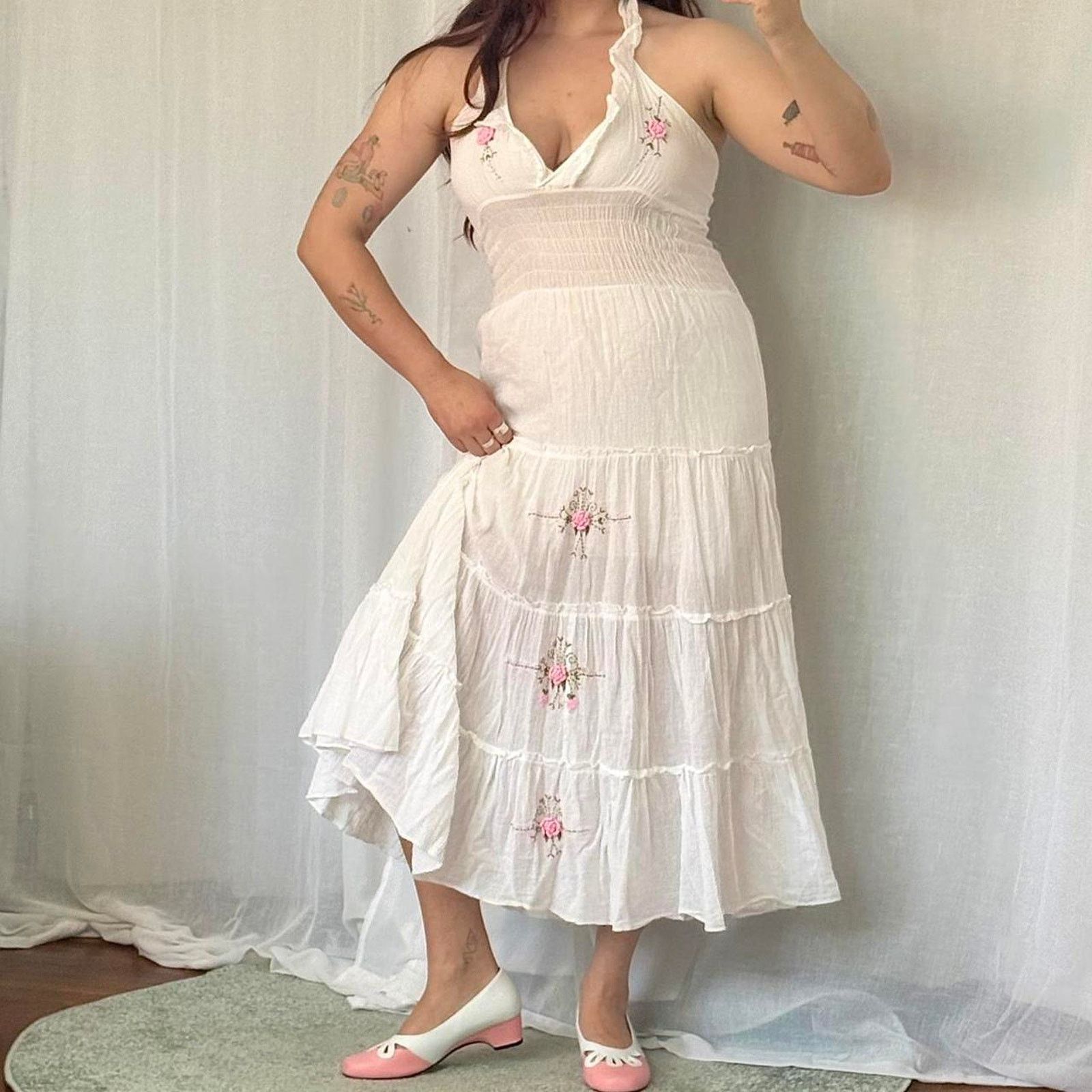 Vintage ✿ romantic cottagecore embroidered halter dress ✿ Size XL / US 12-14 / IT 48-50 - 2 Thumbnail