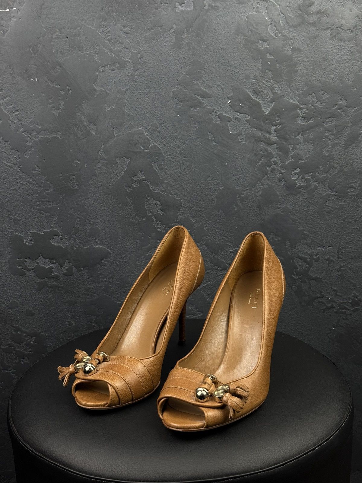 Gucci Gucci Brown Leather Marrakesh Tassel Peep Toe Pumps Size US 7 / IT 37 - 1 Thumbnail