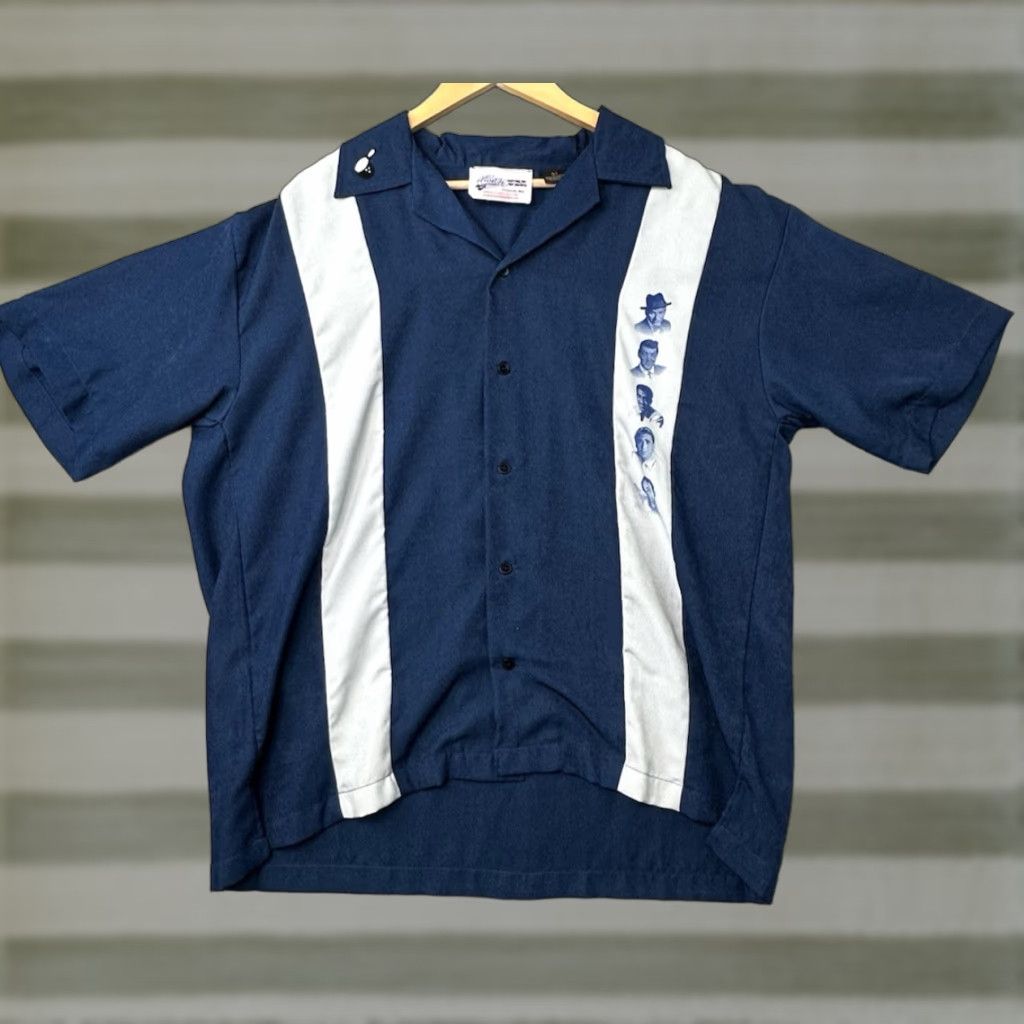 Cruisin' USA Bowling Shirt L Blue 50s Music Rat Pack Sinatra Sammy Retro Button-Up Short Sleeve Mens Size L Colorblock