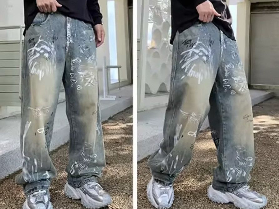 Jean Graffiti-Print Wide-Leg Denim Pants | Oversized Streetwear Size US 27 - 3 Thumbnail