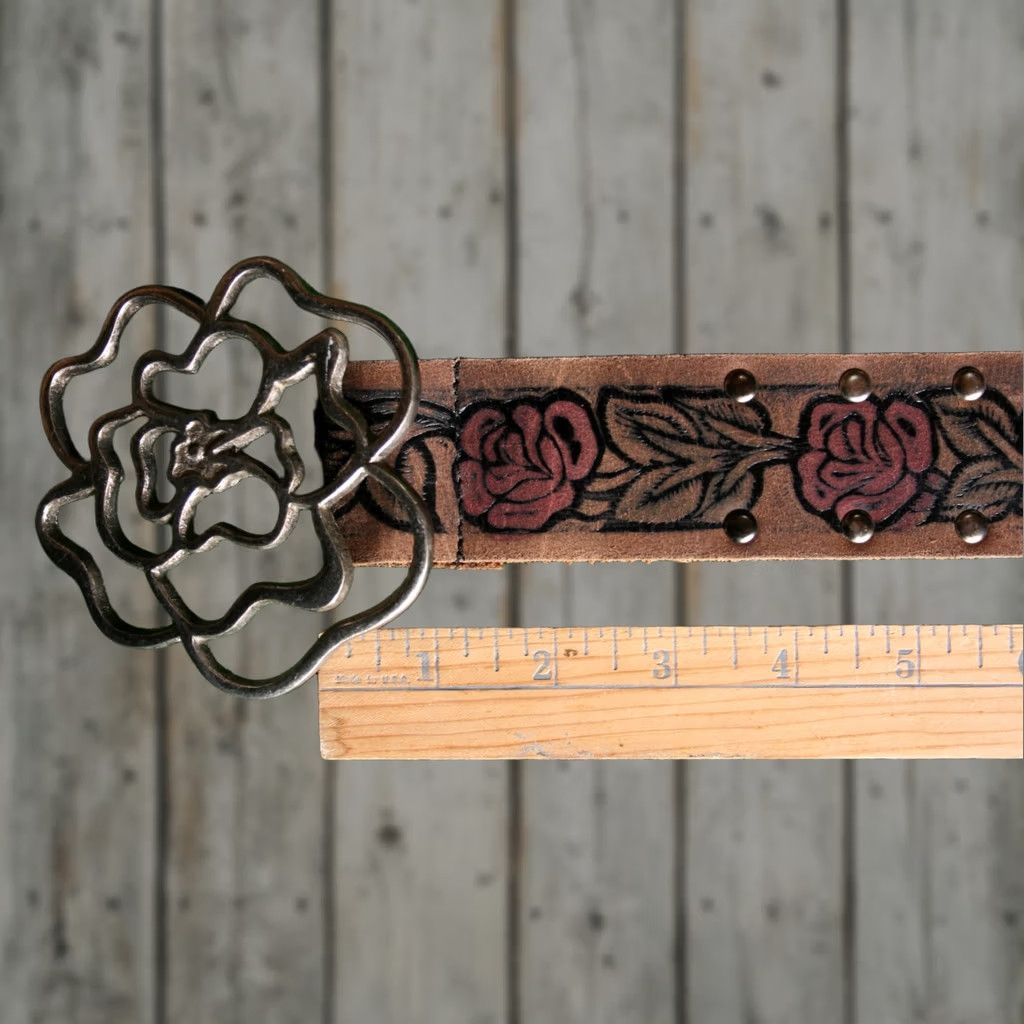 Vintage Floral Embossed Studded Leather Belt w/Attached Buckle Women's Sz. M (32-34) Brown Leather Belt Women Medium Floral Studded Belt Size ONE SIZE - 1 Thumbnail