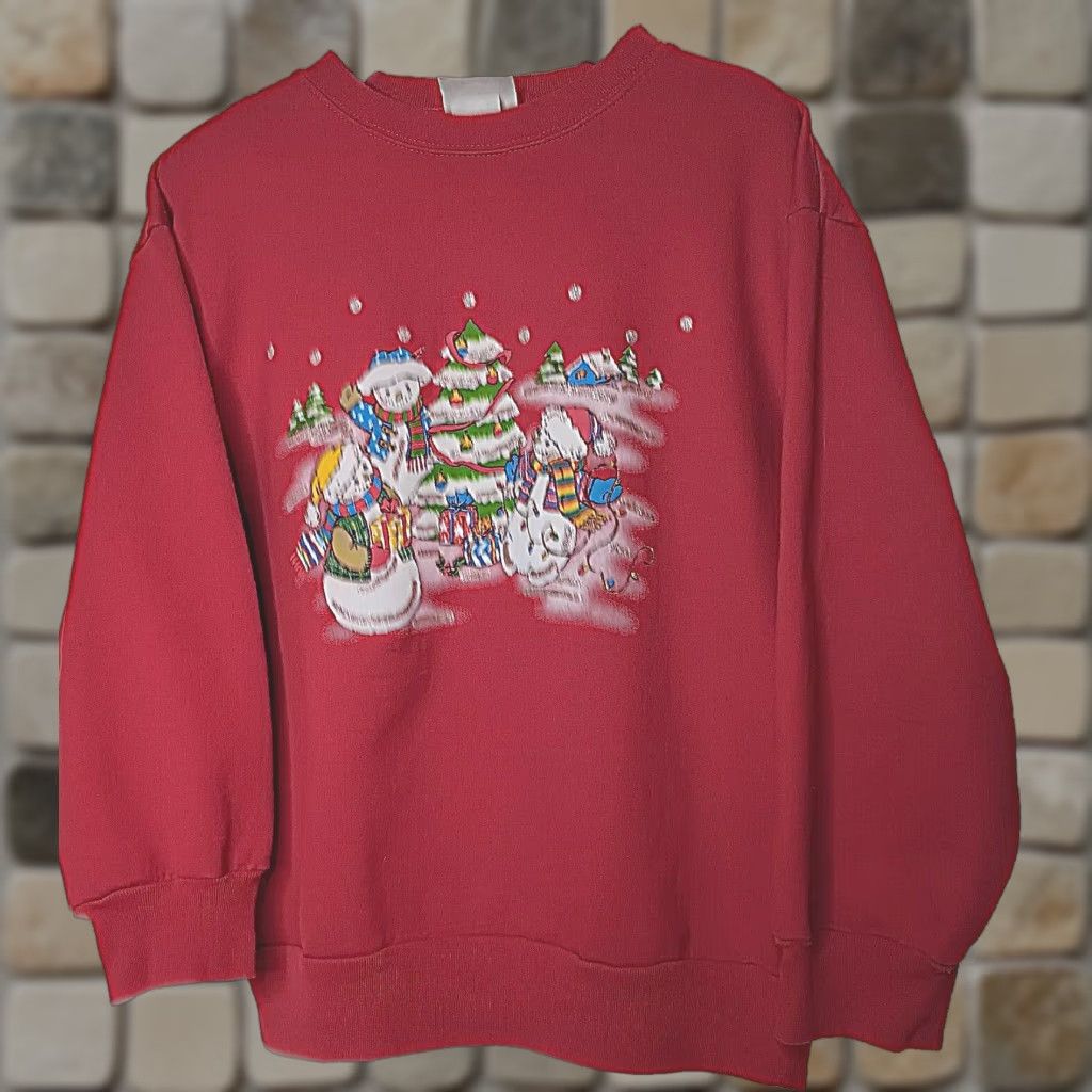 Basic Editions VINTAGE Basic Editions Sweatshirt Christmas Snowman Red XL Glitter Crew Neck Women Holiday Winter Pattern: Solid, Long Sleeve, Cotton/Polyester Size XL / US 12-14 / IT 48-50 - 1 Thumbnail