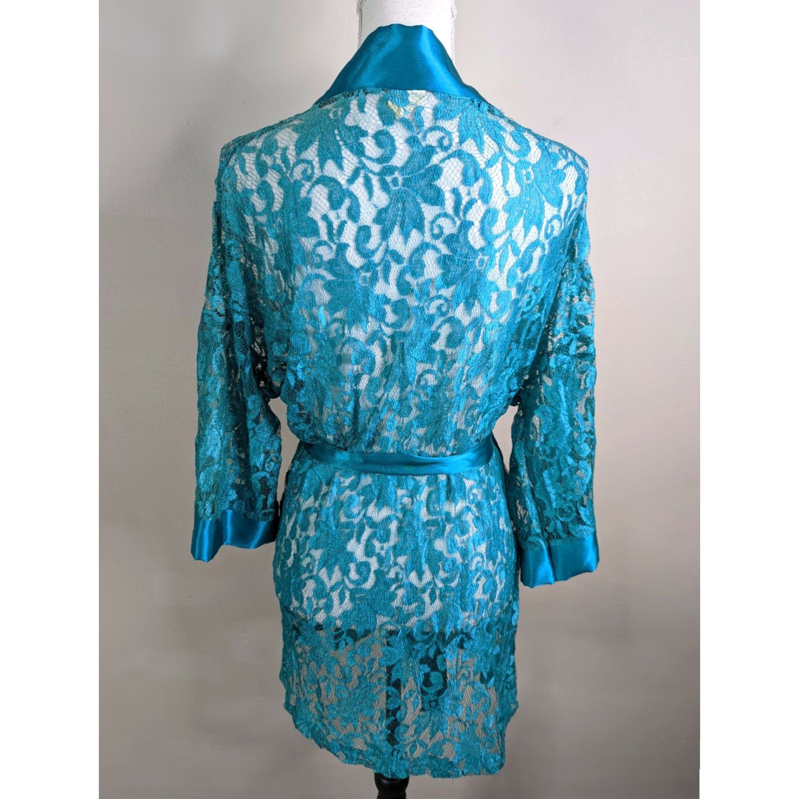 Vintage VINTAGE 80s Teal Satin Lace Mini Lingerie Robe One Size 31" D1S Girls Size ONE SIZE - 3 Thumbnail
