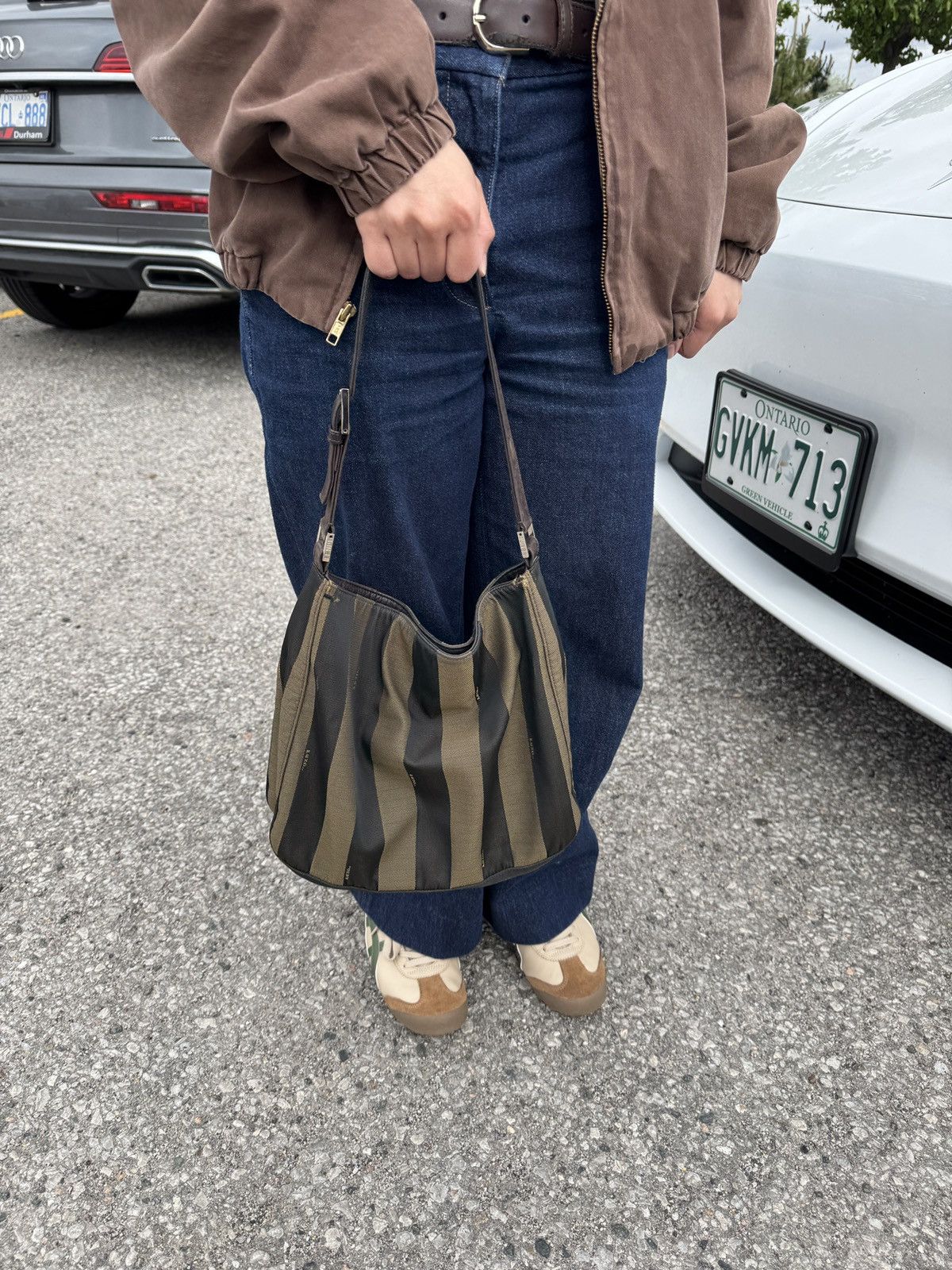 Fendi FENDI Vintage Leather Canvas Shoulder Bag Vertical Stripe Size ONE SIZE - 7 Thumbnail