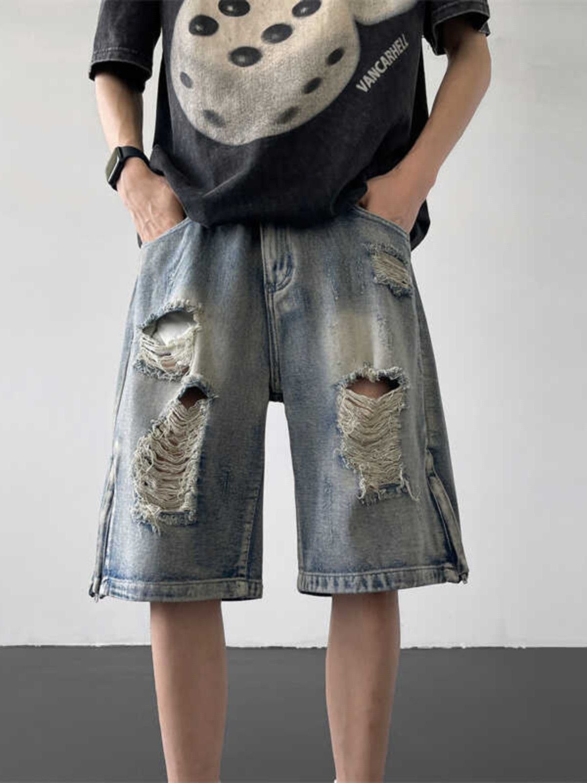 Japanese Brand × Jean Loose straight casual distressed denim shorts Size US 32 / EU 48 - 1 Thumbnail