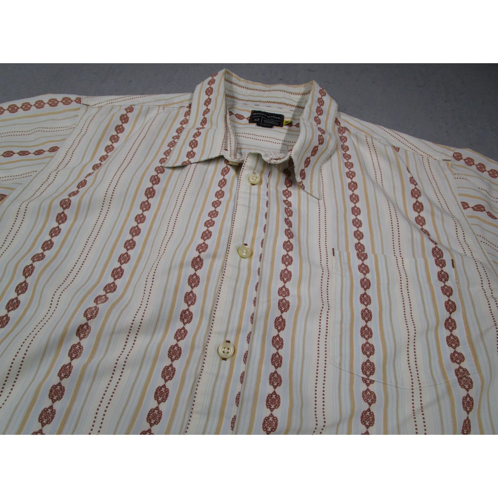 Body Glove Body Glove Shirt Mens XL Beige Striped Retro Pattern Rayon Short Sleeve Button-Up Size US XL / EU 56 / 4 - 2 Thumbnail