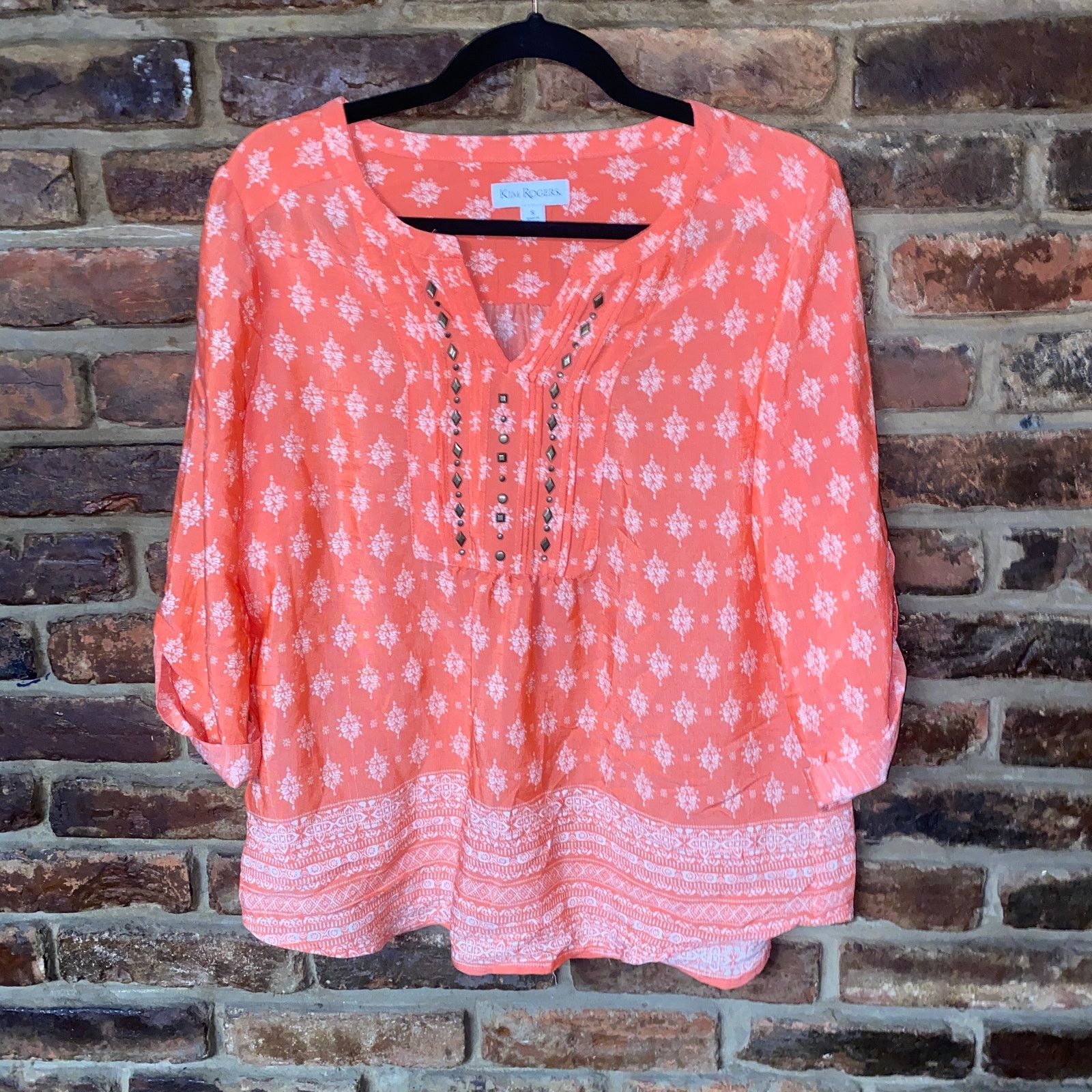 Other Kim Rogers Coral White Print Embellished Blouse Size Small Size S / US 4 / IT 40 - 1 Thumbnail