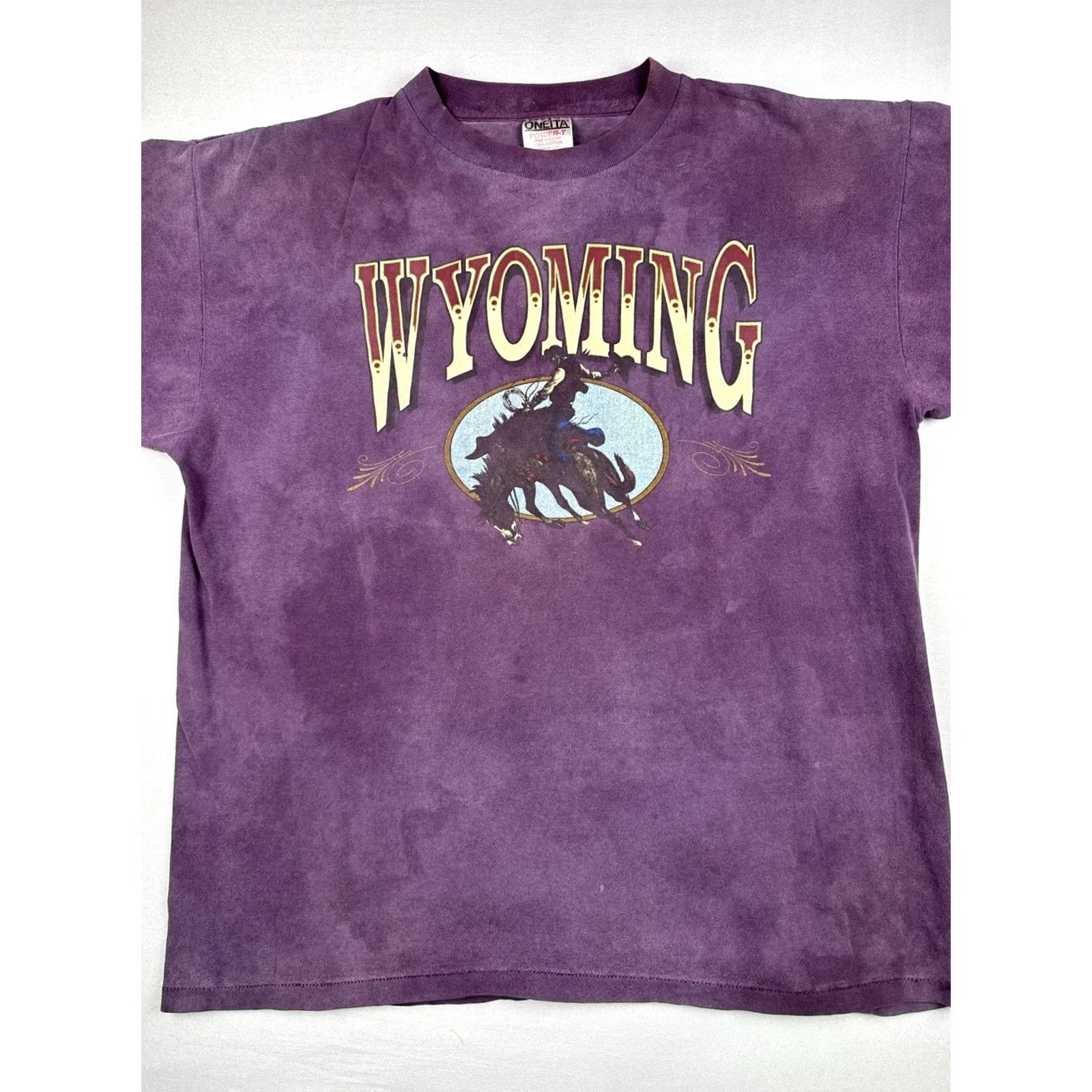 Vintage VINTAGE Wyoming Cowboy Bronco Shirt Purple Sun Faded Oneita USA Made XL Mens 90s Size US XL / EU 56 / 4 - 4 Thumbnail