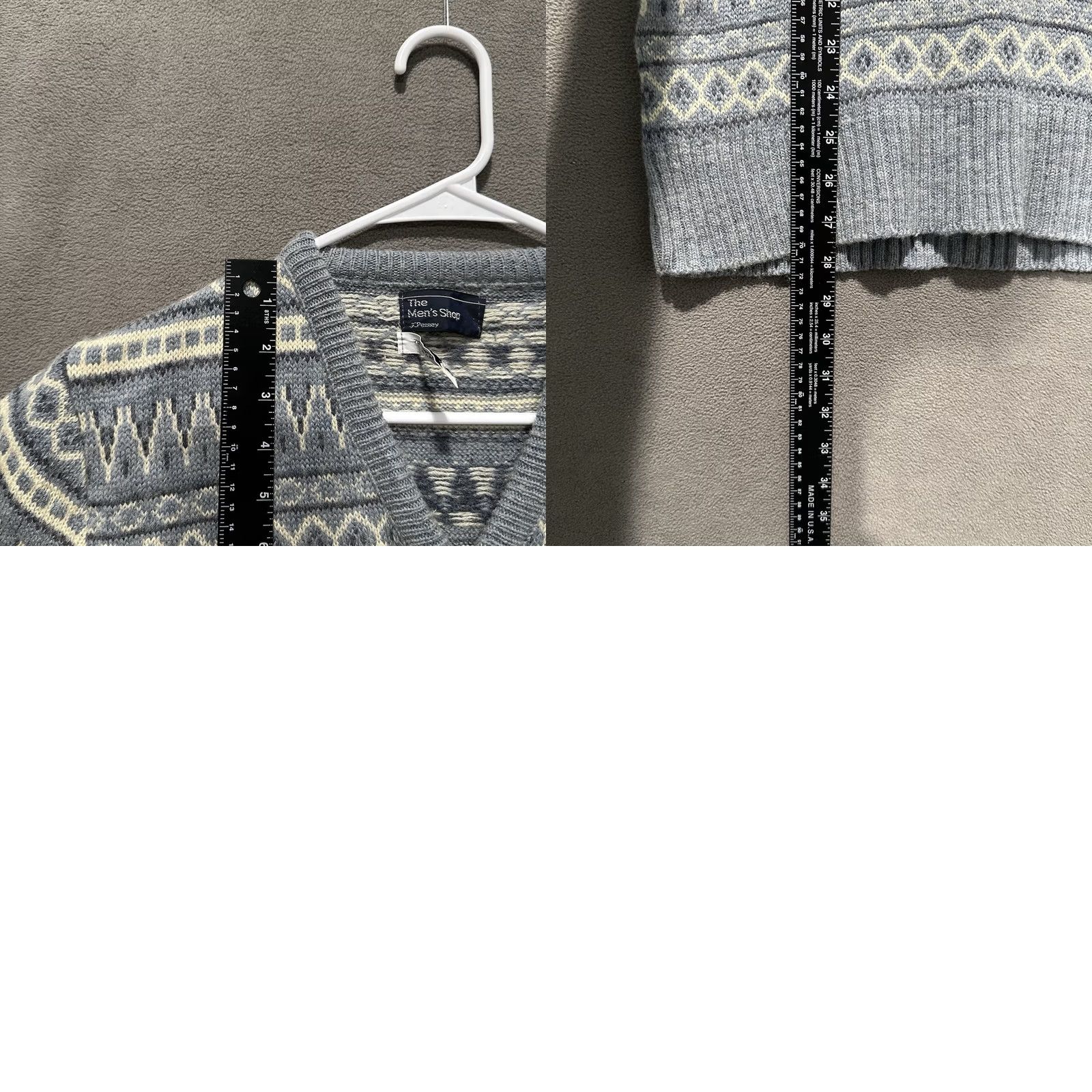 JCPenney VINTAGE JCPenney Sweater Mens XS Blue Geometric Knit Virgin Wool V-Neck 80s Pullover, Wool, Acrylic, Geometric, Blue, Vintage, 80s, Mens, XS Size US XS / EU 42 / 0 - 8 Thumbnail