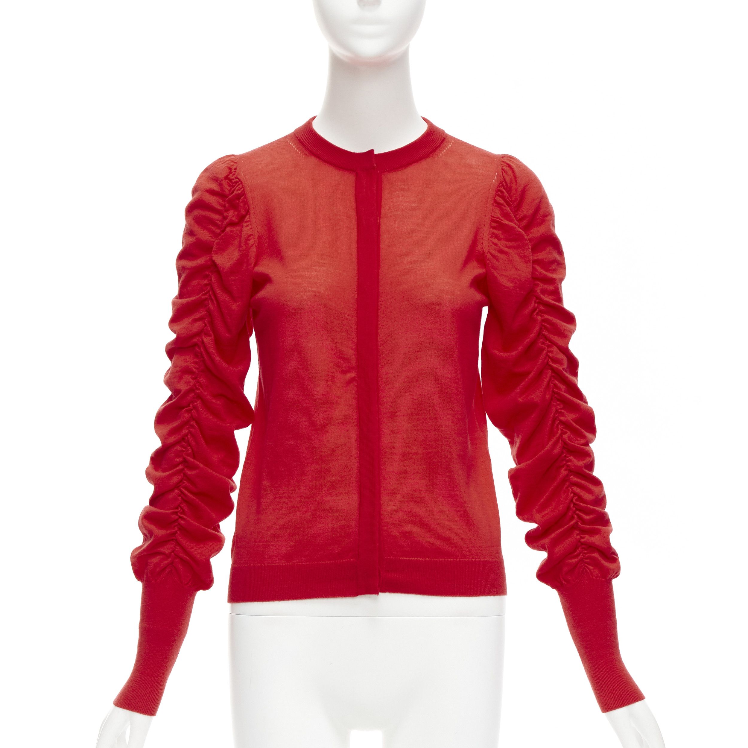 image of Dice Kayek Red 100% Wool Ruched Sleeves Crew Neck Cardigan Sweater Fr36 S, Women's (Size Small)